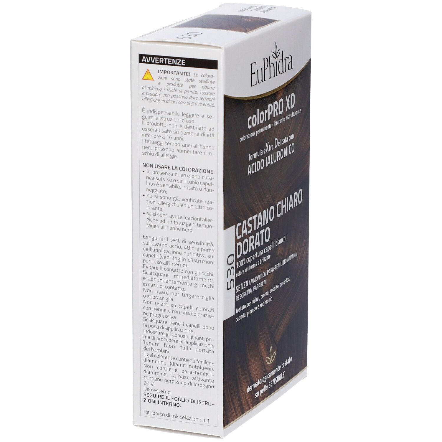 EuPhidra colorPRO XD 530 Goldbraun. Verpackung, Seitenansicht. Warnhinweise und Produktinformationen. Dermatologisch getestet.