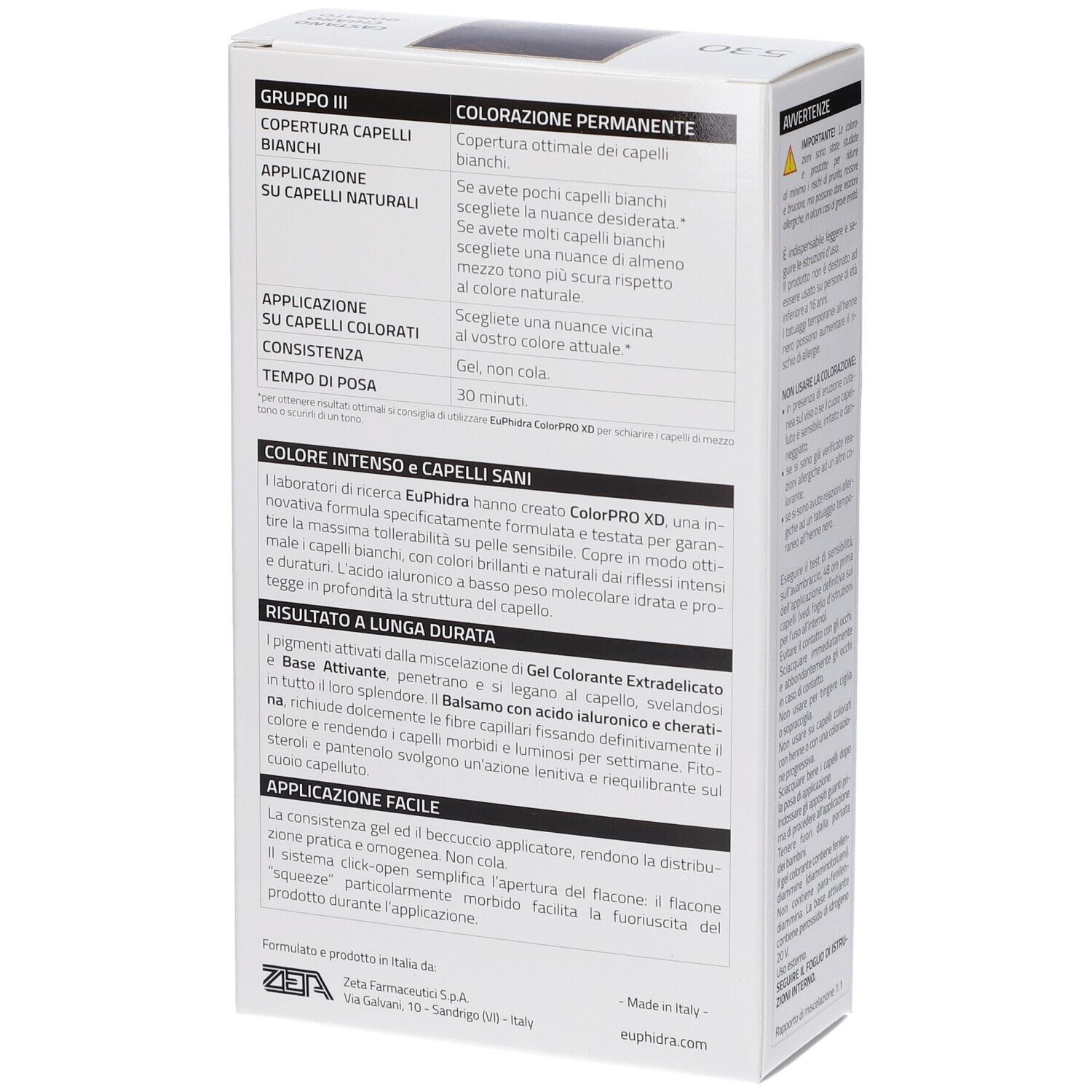 EuPhidra colorPRO XD 530 Goldbraun. Verpackung, Rückseite mit Produktinformationen. Anwendungshinweise und Inhaltsstoffe.