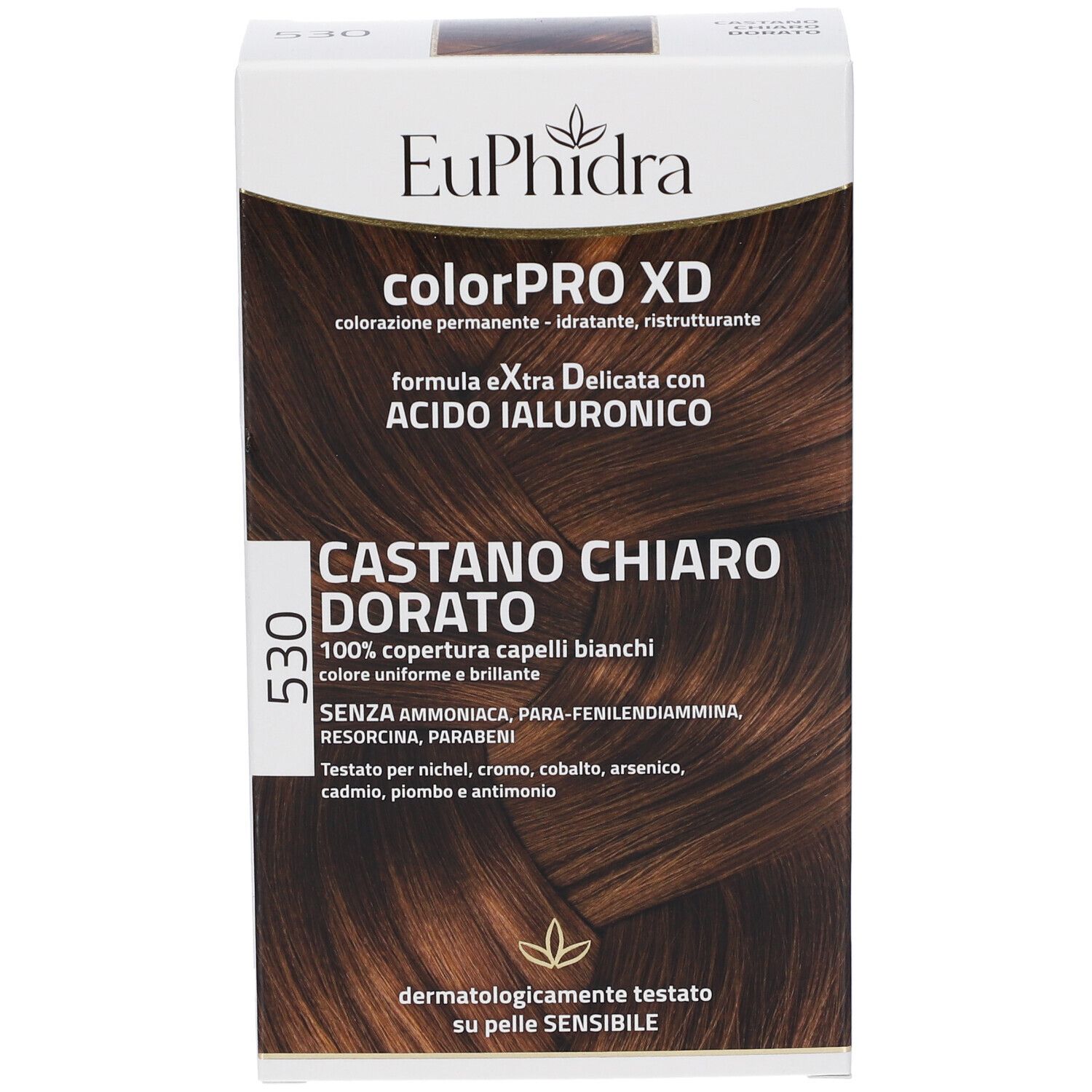 EuPhidra colorPRO XD 530 Goldbraun. Verpackung mit Produktinformationen. Aufschrift: Castano Chiaro Dorato. Dermatologisch getestet.