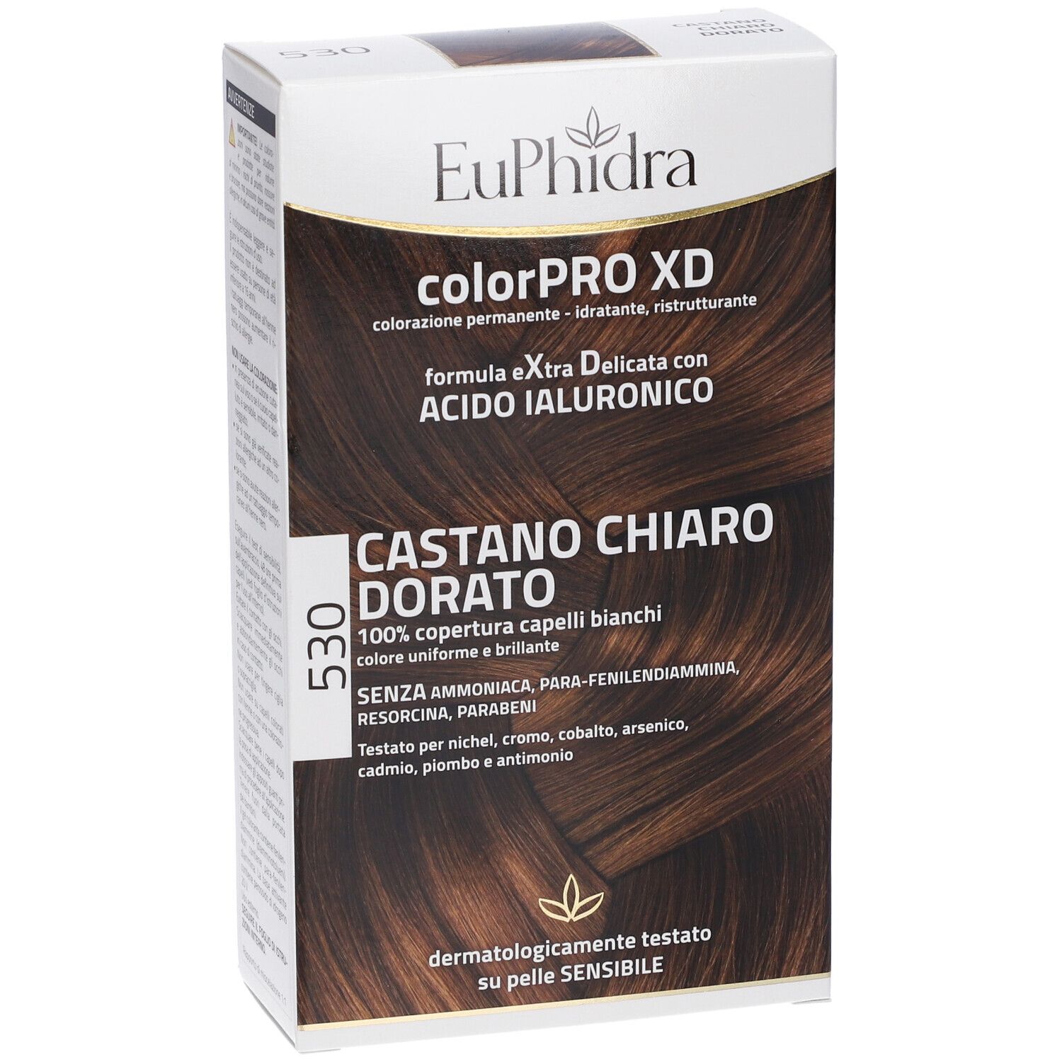 EuPhidra colorPRO XD 530 Goldbraun. Verpackung mit Produktinformationen. Aufschrift: Castano Chiaro Dorato. Dermatologisch getestet.
