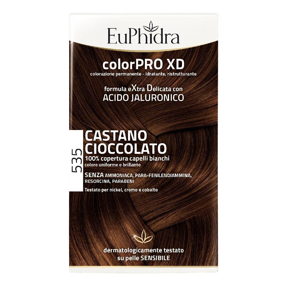 Confezione EuPhidra ColorPro XD Schokobraun 535. Testo: 'Castano Cioccolato', '100% copertura capelli bianchi'. Colore marrone.