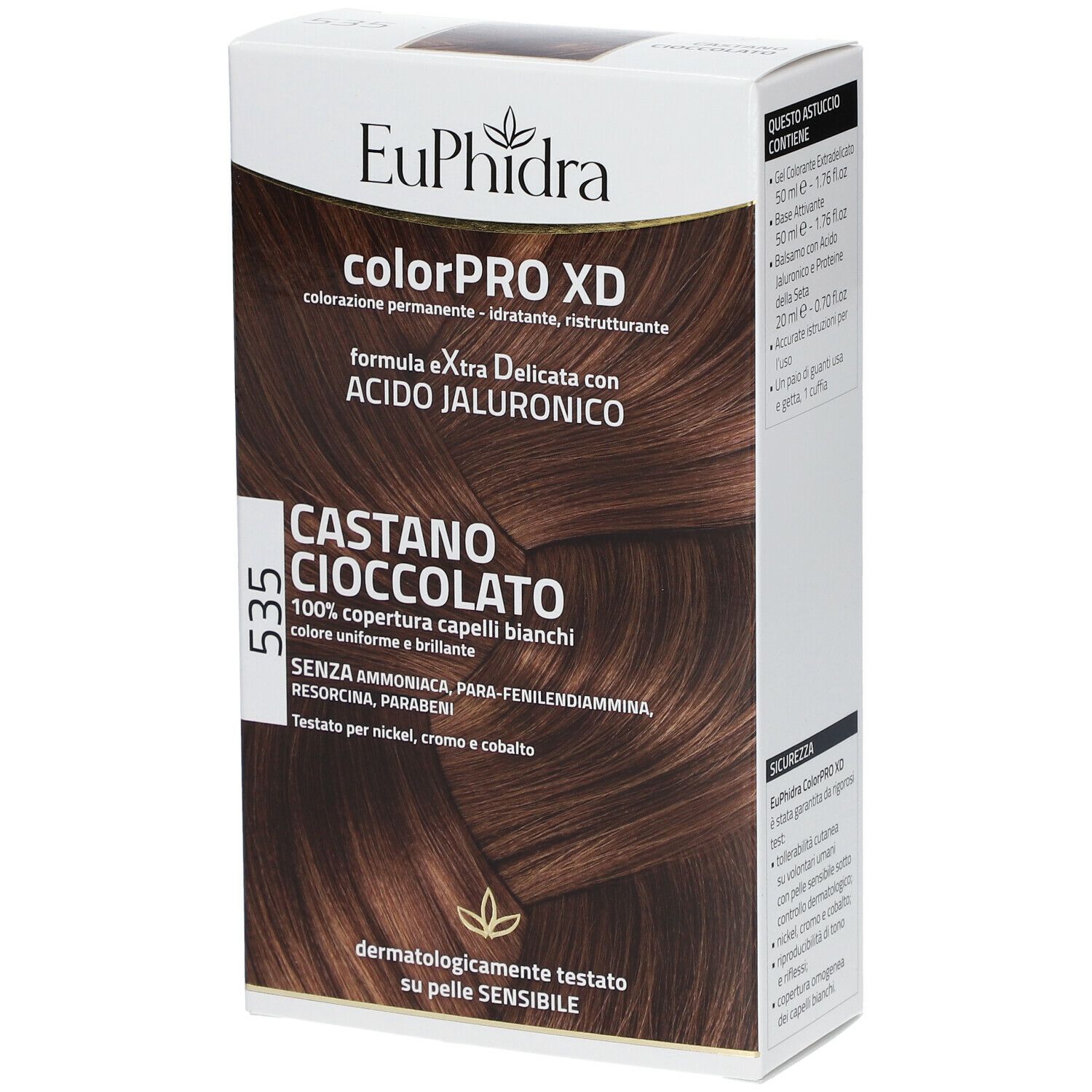 Confezione EuPhidra ColorPro XD Schokobraun 535, vista obliqua. Testo: 'Castano Cioccolato', '100% copertura capelli bianchi'.