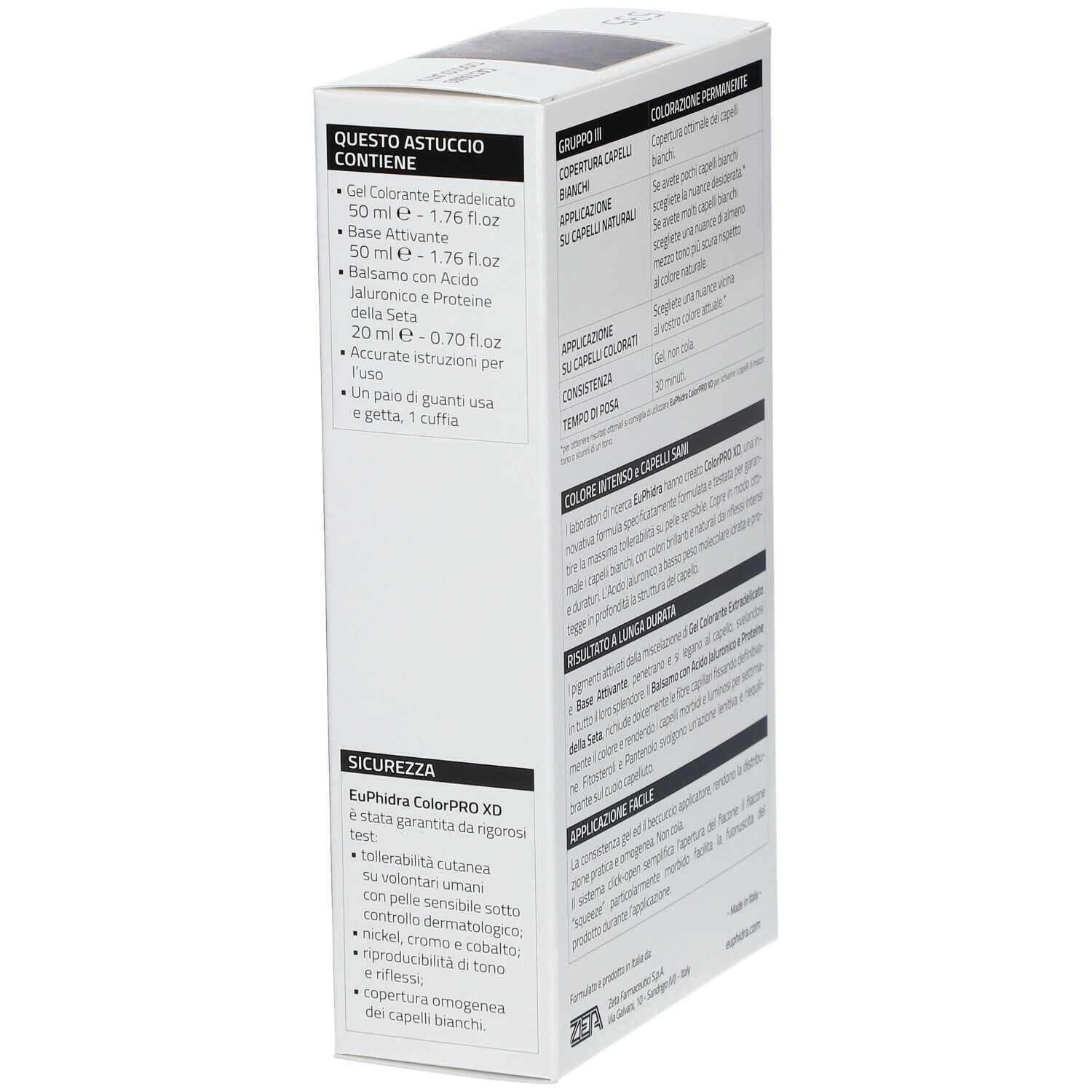 Confezione EuPhidra ColorPro XD Schokobraun 535, vista laterale. Testo: 'Questo astuccio contiene', 'Gel Colorante'.