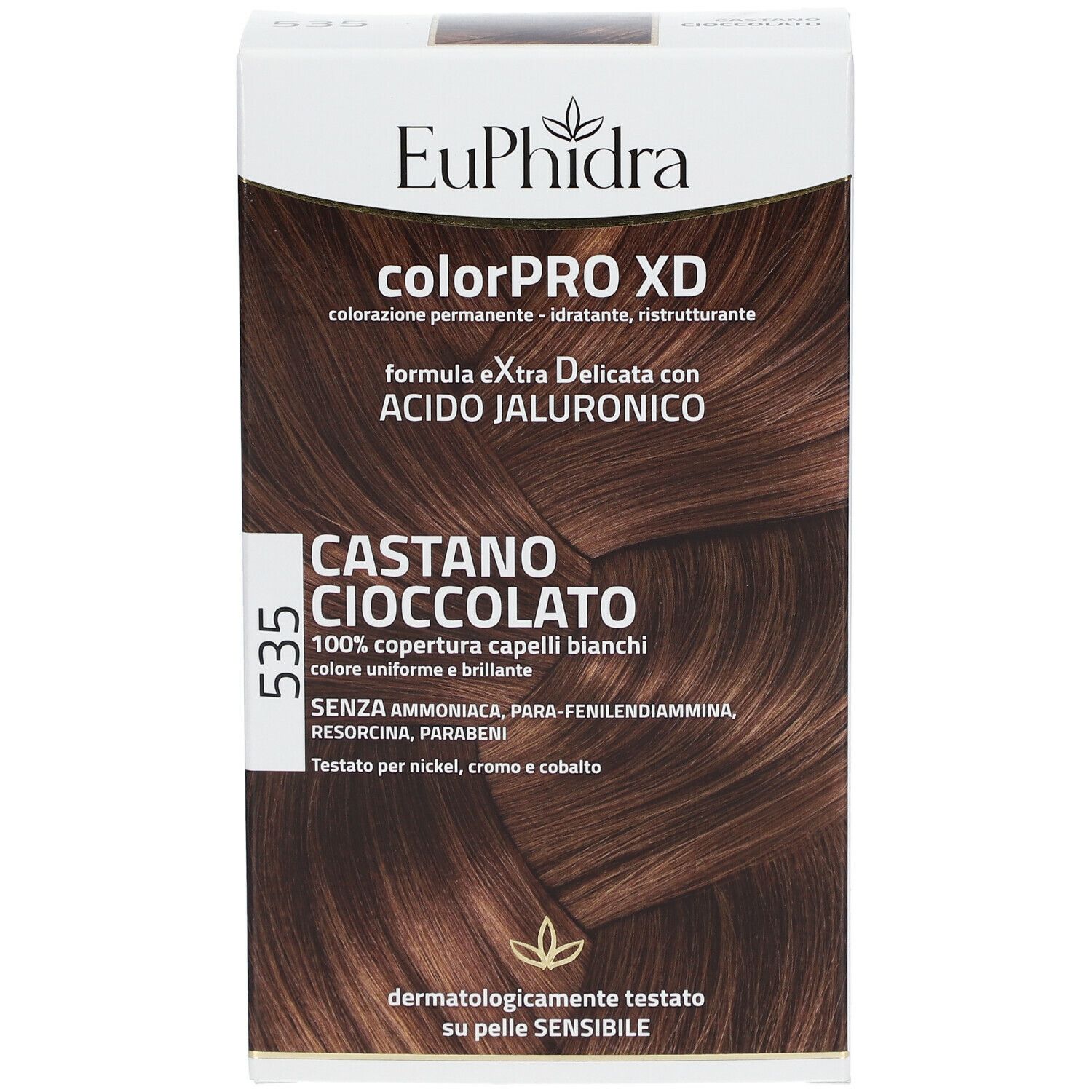 Confezione EuPhidra ColorPro XD Schokobraun 535, vista obliqua. Testo: 'Castano Cioccolato', '100% copertura capelli bianchi'.