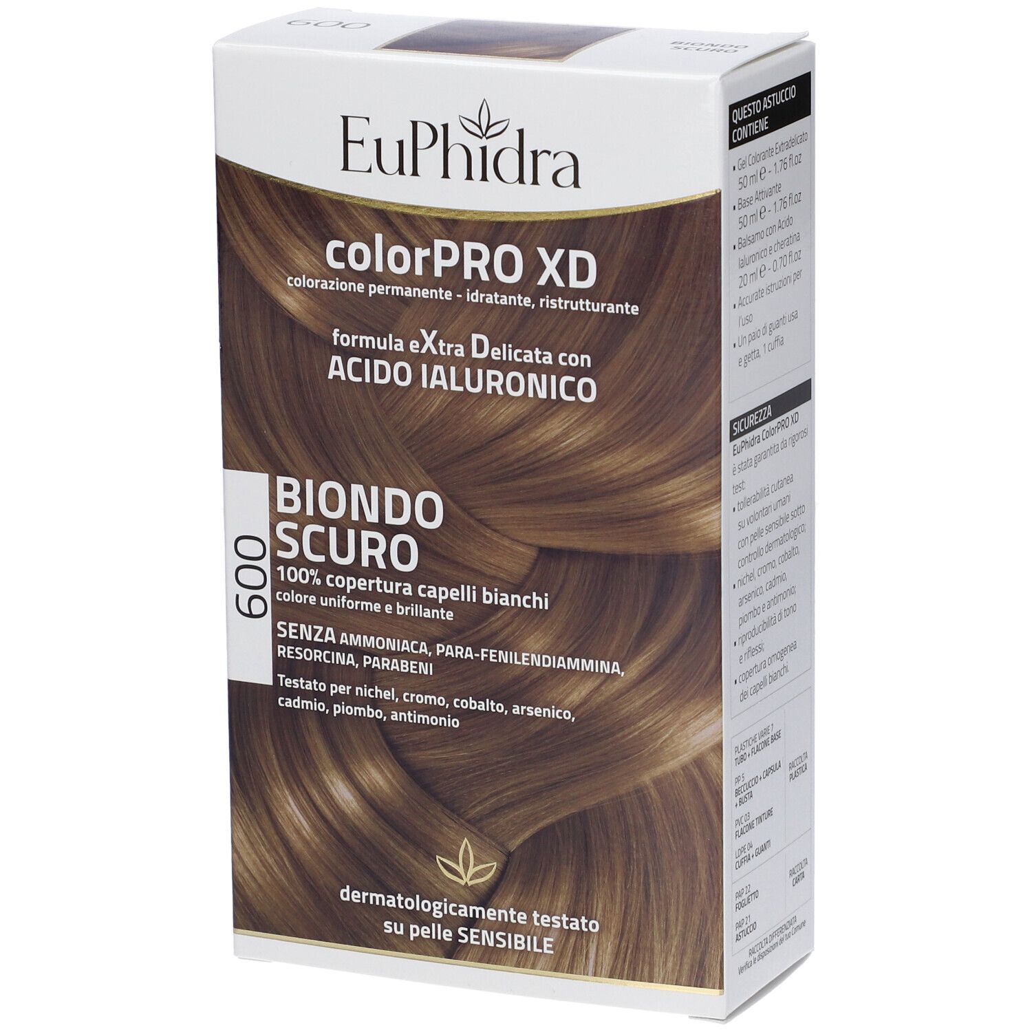 Schachtel Euphidra Colorpro XD, Dunkelblond 600. Vorderseite mit Produktabbildung und Text. Dermatologisch getestet.