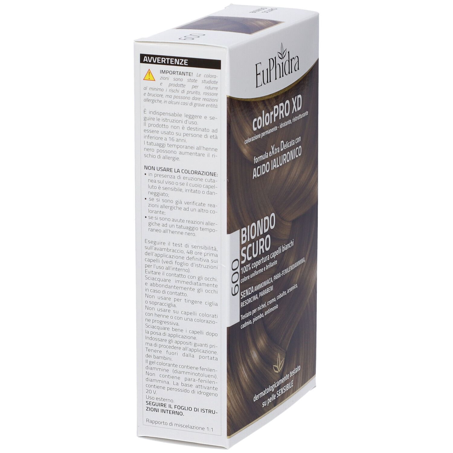 Schachtel Euphidra Colorpro XD, Dunkelblond 600. Seitenansicht mit Text und Warnhinweisen. Produktname sichtbar.