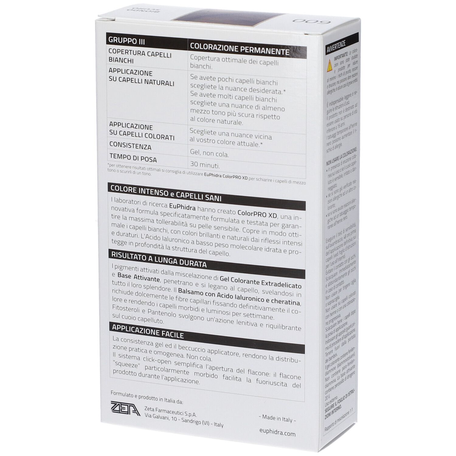 Rückseite der Schachtel Euphidra Colorpro XD. Text über Anwendung, Inhaltsstoffe und Herstellerinformationen.