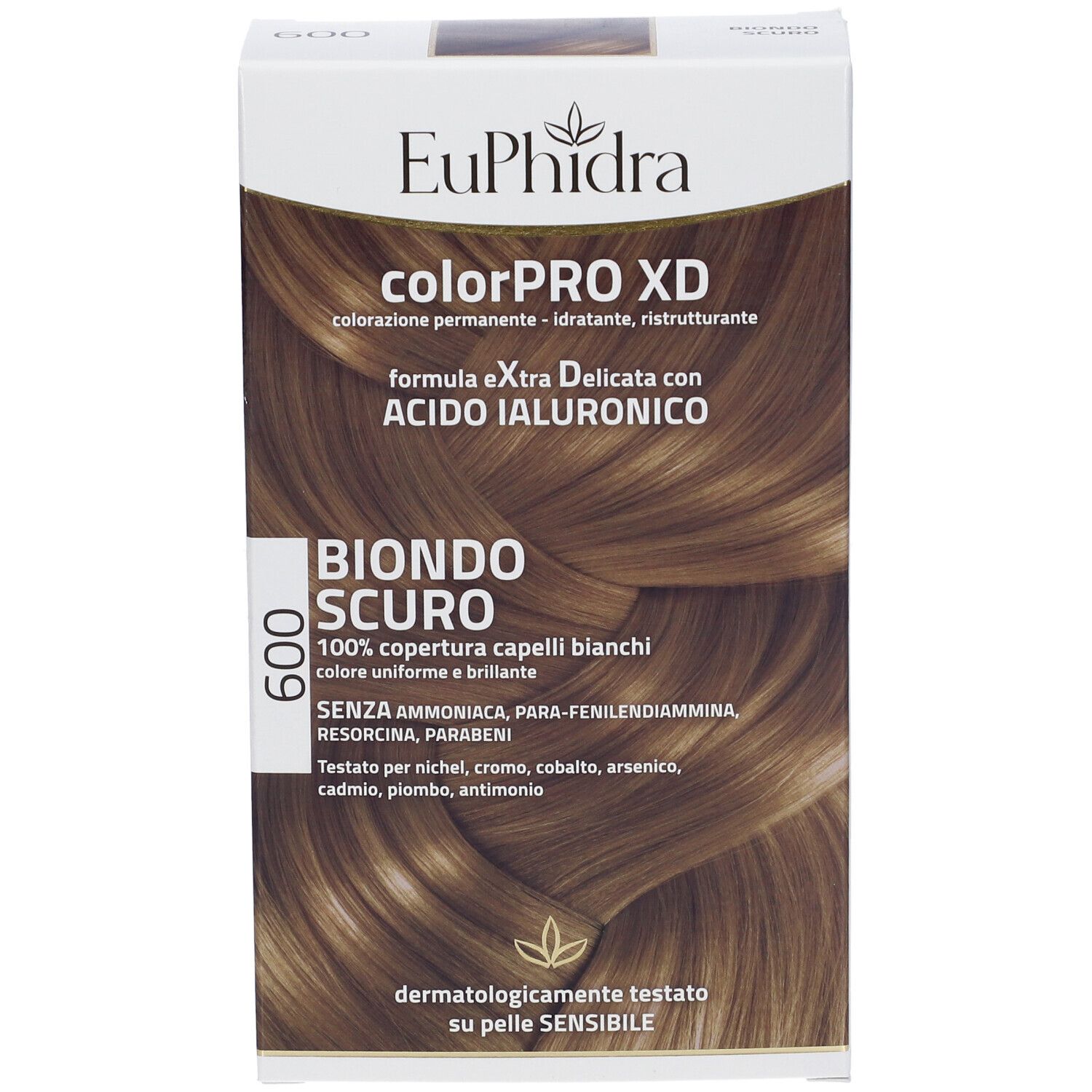 Vorderseite der Schachtel Euphidra Colorpro XD, Dunkelblond 600. Produktabbildung und Text. Dermatologisch getestet.