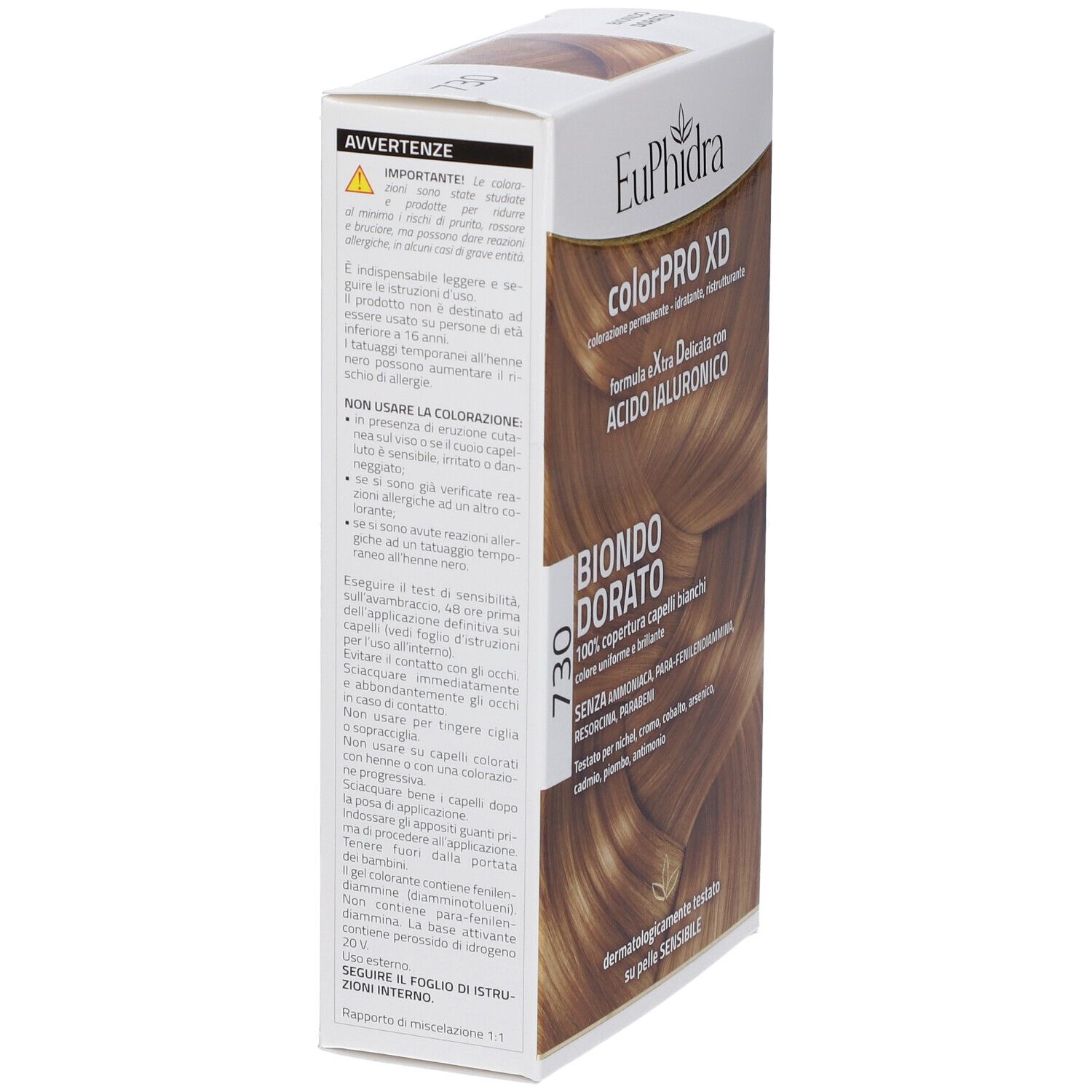 EuPhidra ColorPRO XD 730 Goldblond. Haarfarbenverpackung, Seitenansicht. Text: Marke, Farbton, Warnhinweise, Gebrauchsanweisung.