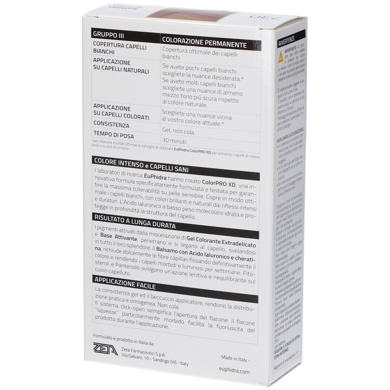 EuPhidra ColorPRO XD. Rückseite der Haarfarbenverpackung. Text: Anwendung, Inhaltsstoffe, Herstellerinformationen, Gebrauchsanweisung.
