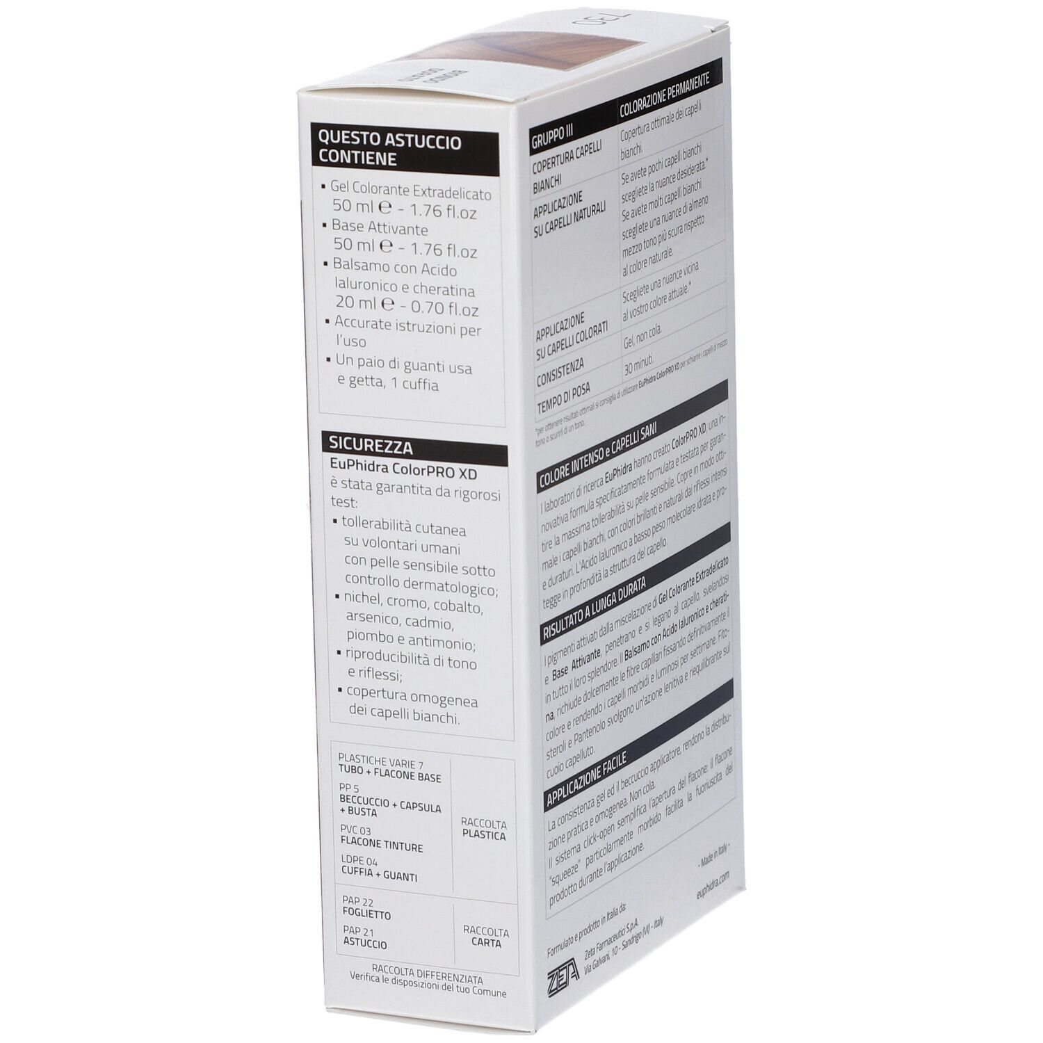 EuPhidra ColorPRO XD. Seitenansicht der Haarfarbenverpackung. Text: Inhalt, Inhaltsstoffe, Sicherheitsinformationen, Hersteller.