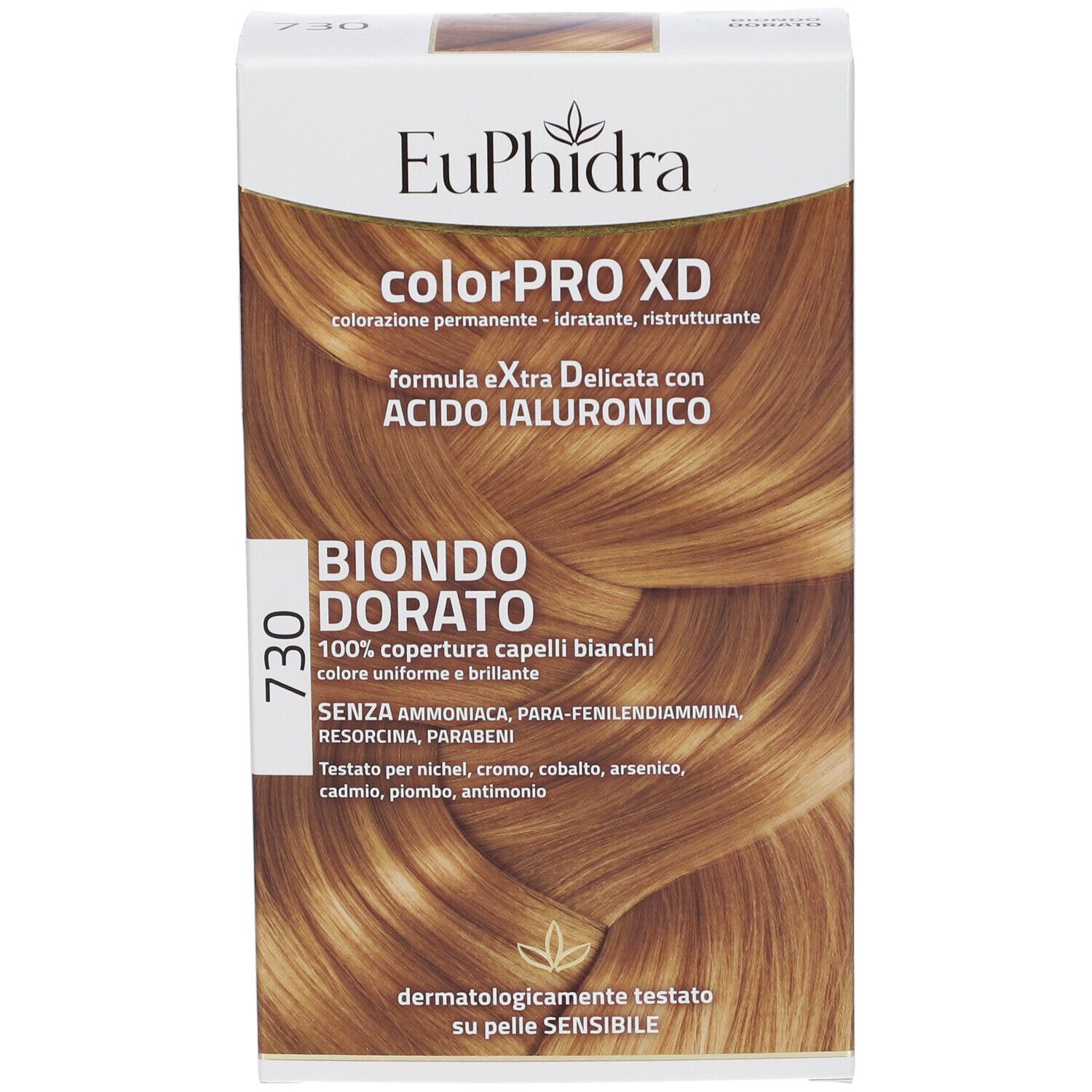 EuPhidra ColorPRO XD 730 Goldblond. Haarfarbenverpackung. Aufdrucke: Marke, Farbton, Inhaltsstoffe, dermatologisch getestet.
