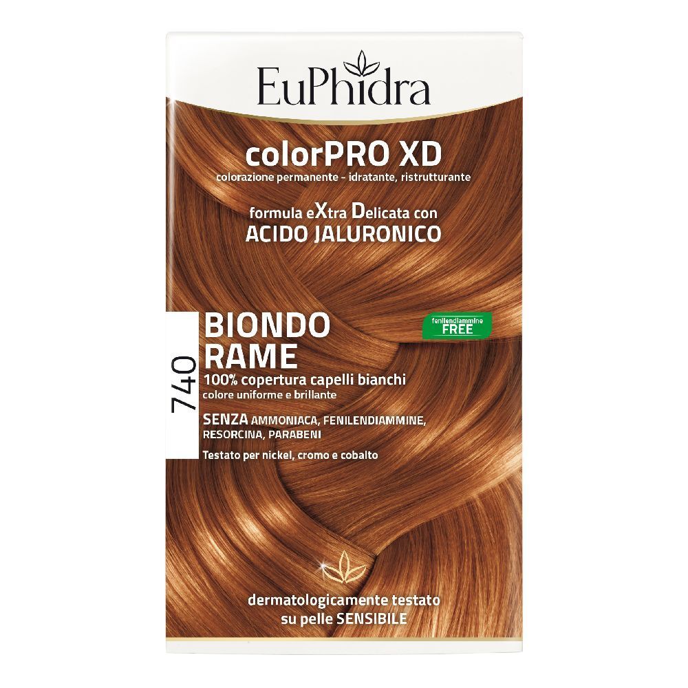 EuPhidra ColorPRO XD 740 Kupferblond. Haarfärbemittel-Verpackung. Vorderseite mit Produktnamen, Farbton, und Haarfarbe-Abbildung.