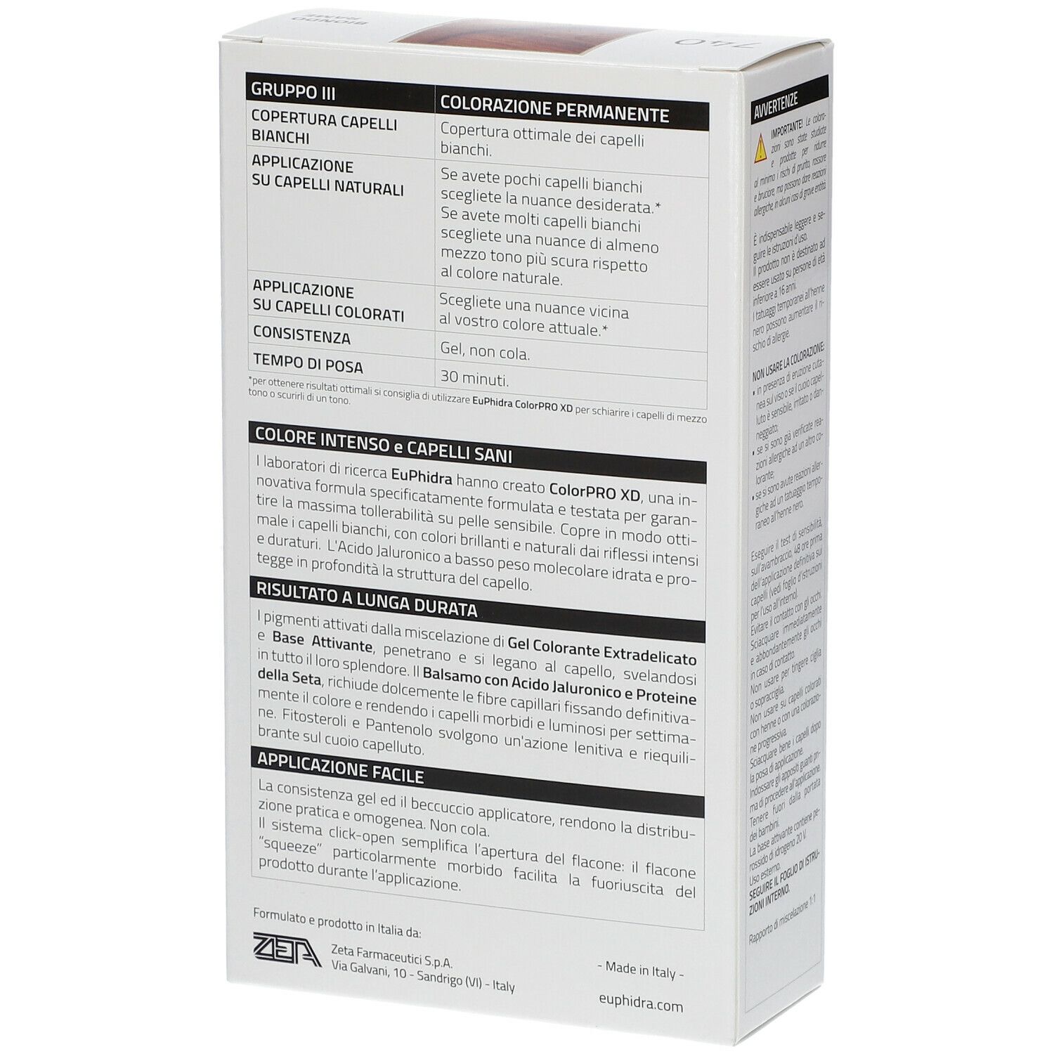 EuPhidra ColorPRO XD 740 Kupferblond. Haarfärbemittel-Verpackung. Detailansicht der Inhaltsstoffe und Anwendung.