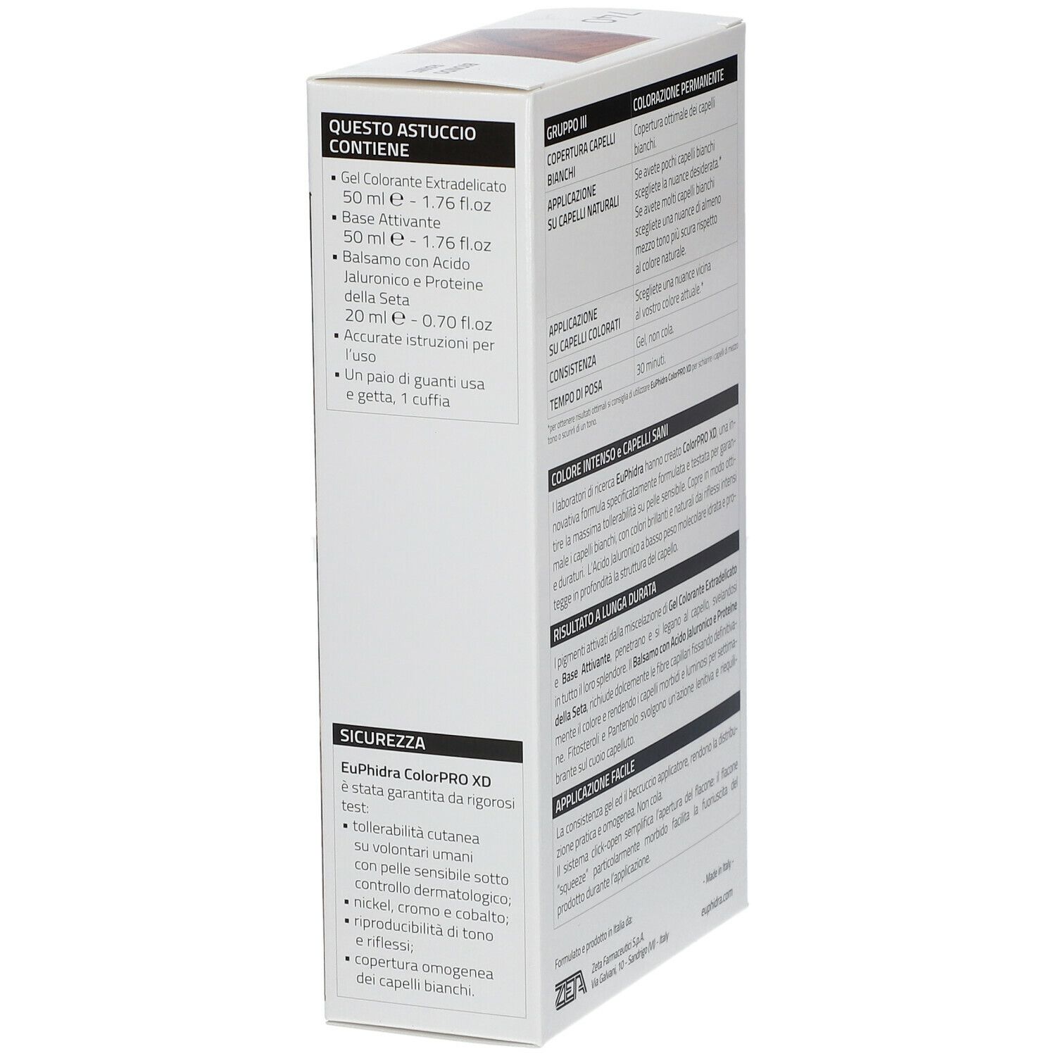 EuPhidra ColorPRO XD 740 Kupferblond. Haarfärbemittel-Verpackung. Seitenansicht mit Produktinformationen und Inhaltsangaben.