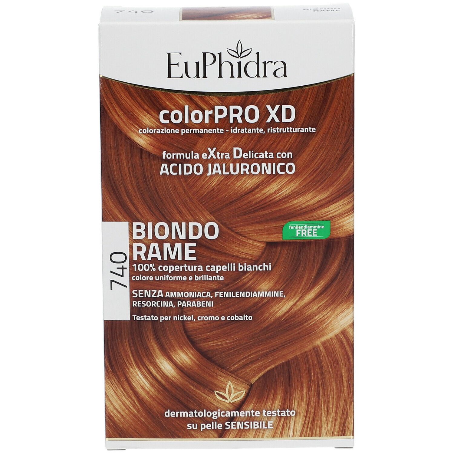 EuPhidra ColorPRO XD 740 Kupferblond. Haarfärbemittel-Verpackung. Vorderseite mit Produktnamen, Farbton, und Haarfarbe-Abbildung.
