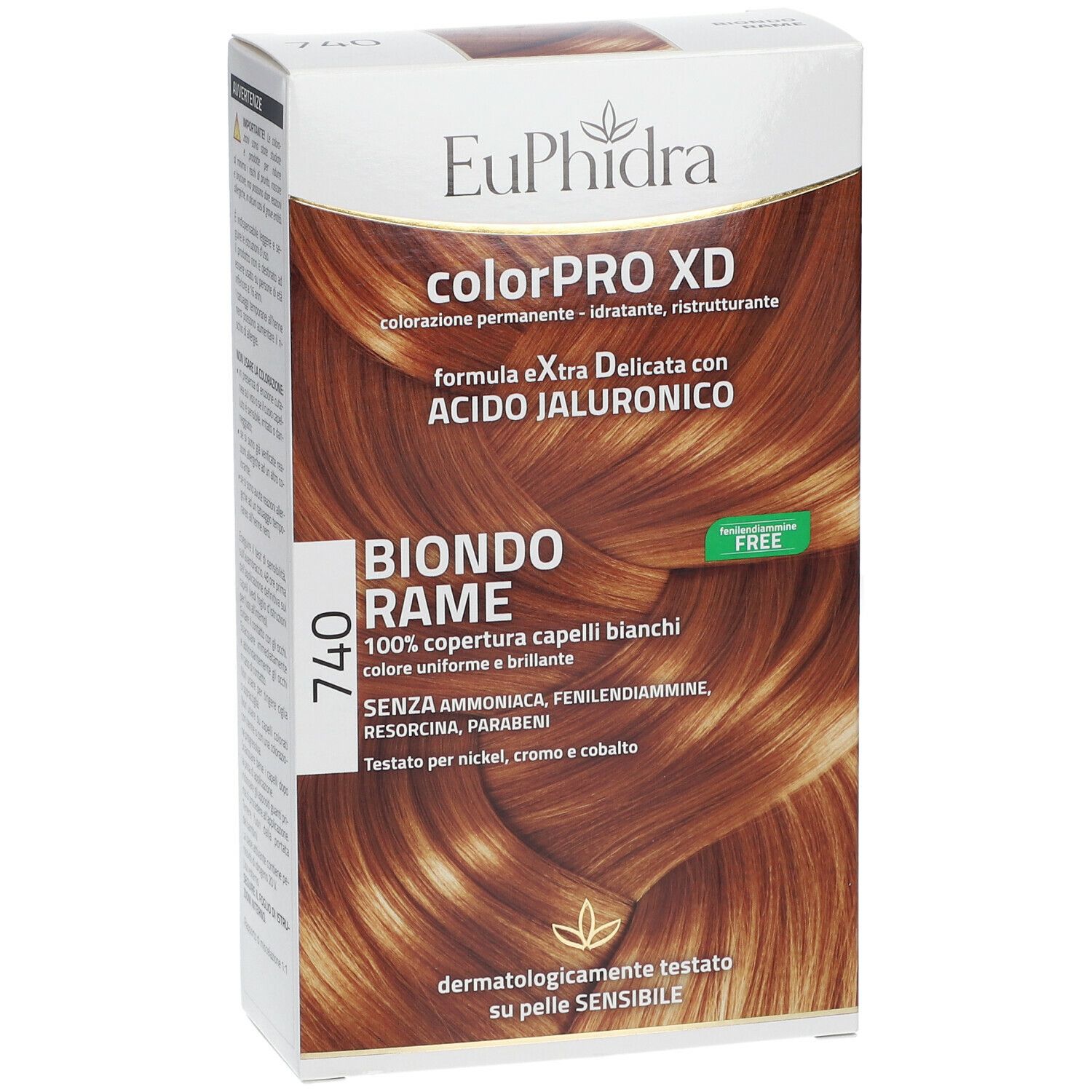 EuPhidra ColorPRO XD 740 Kupferblond. Haarfärbemittel-Verpackung. Vorderansicht mit Produktnamen, Farbton und Haarfarbe-Abbildung.