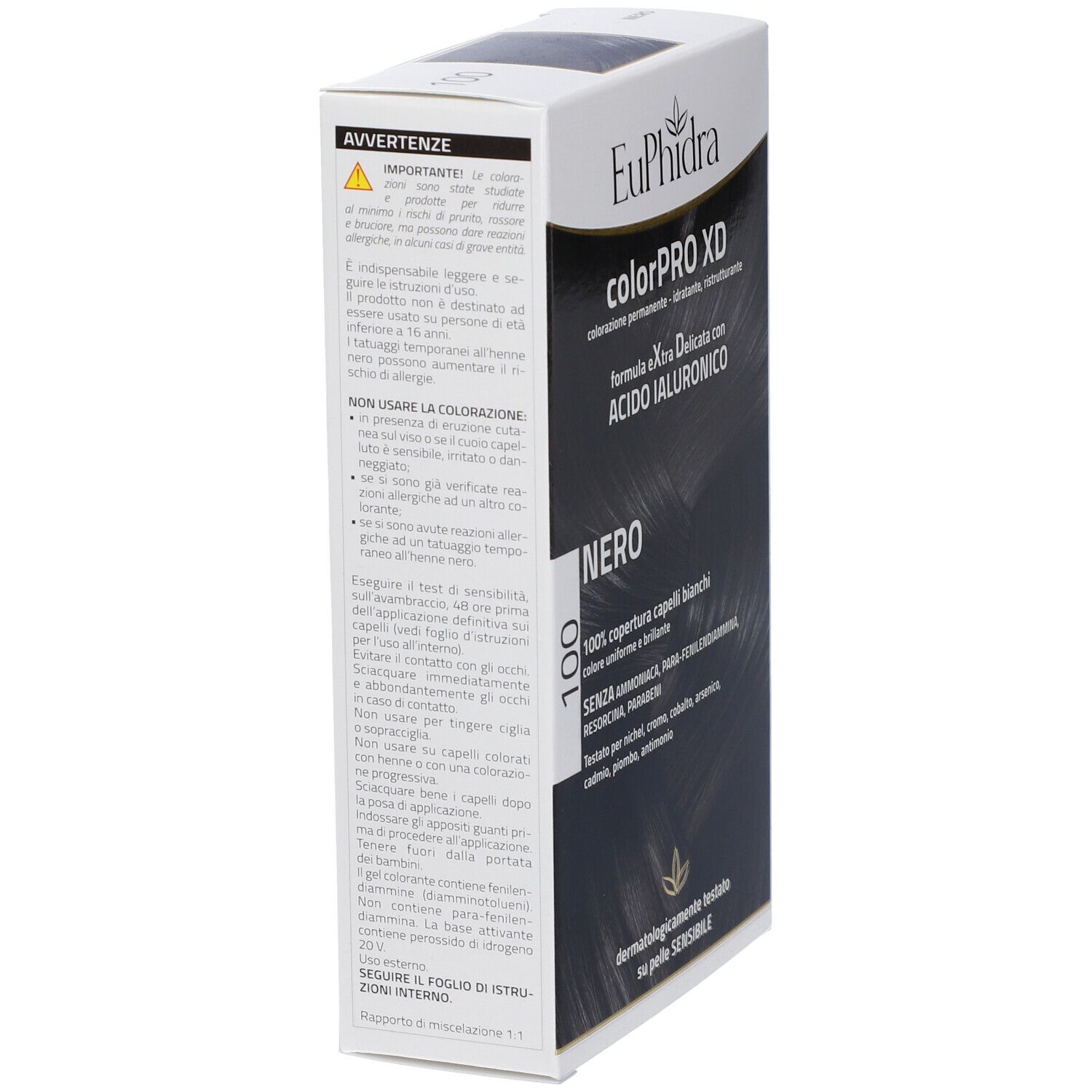 Seitenansicht der Haarfarbenverpackung Euphidra Colorpro XD 100. Enthält Warnhinweise und Produktinformationen.