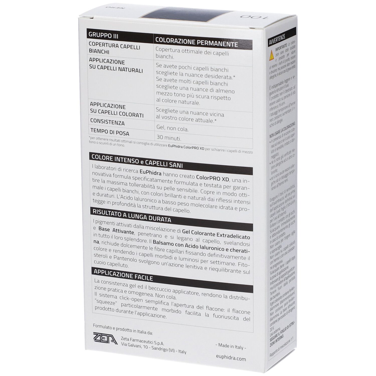 Rückseite der Haarfarbenverpackung Euphidra Colorpro XD 100. Enthält Informationen zur Anwendung und Inhaltsstoffe.