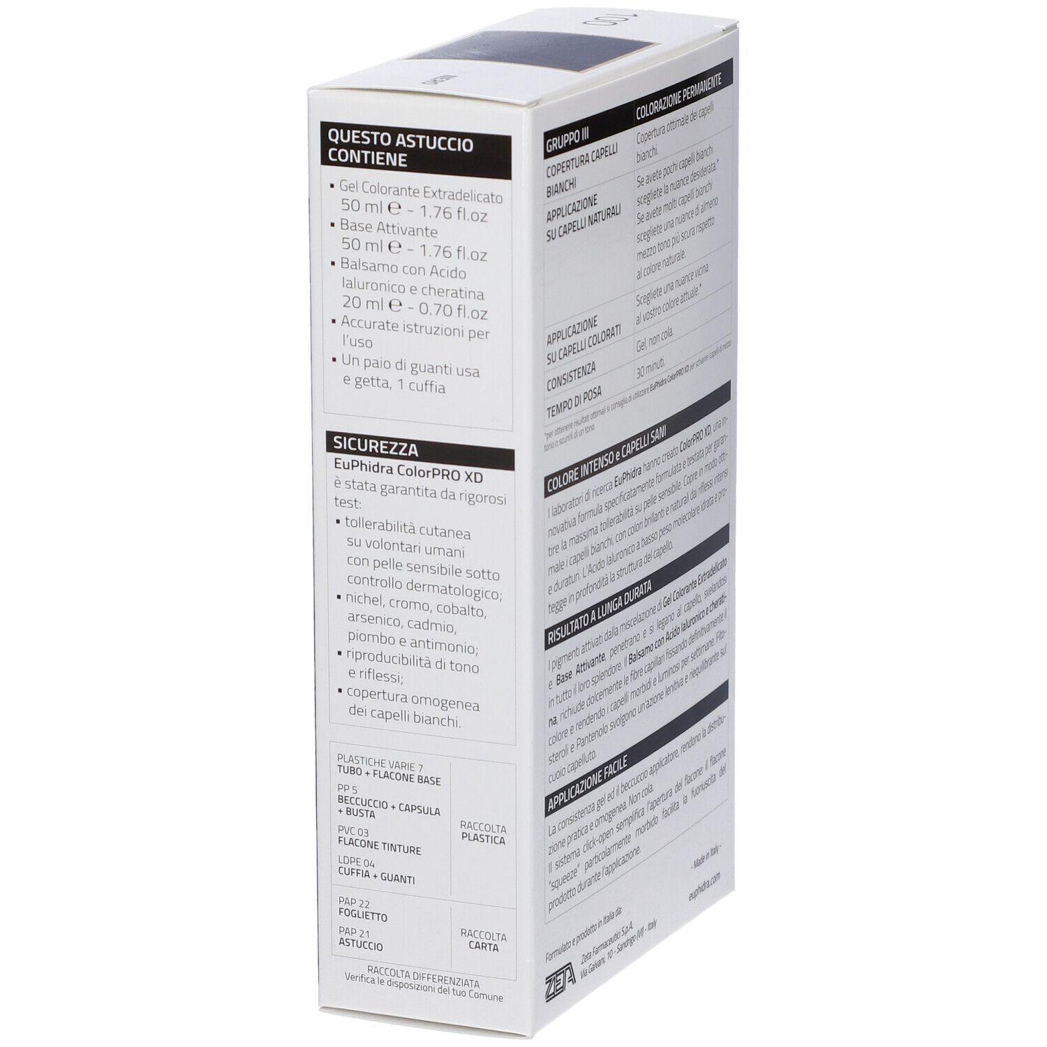 Seitenansicht der Haarfarbenverpackung Euphidra Colorpro XD 100. Enthält Informationen zu Inhaltsstoffen und Inhalt.