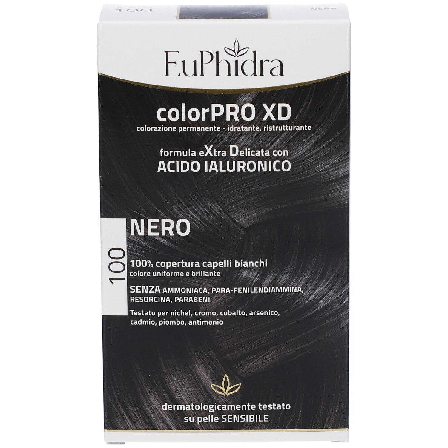 Vorderansicht der Haarfarbenverpackung Euphidra Colorpro XD 100. Produktname, Farbe Schwarz, Logo und Text.