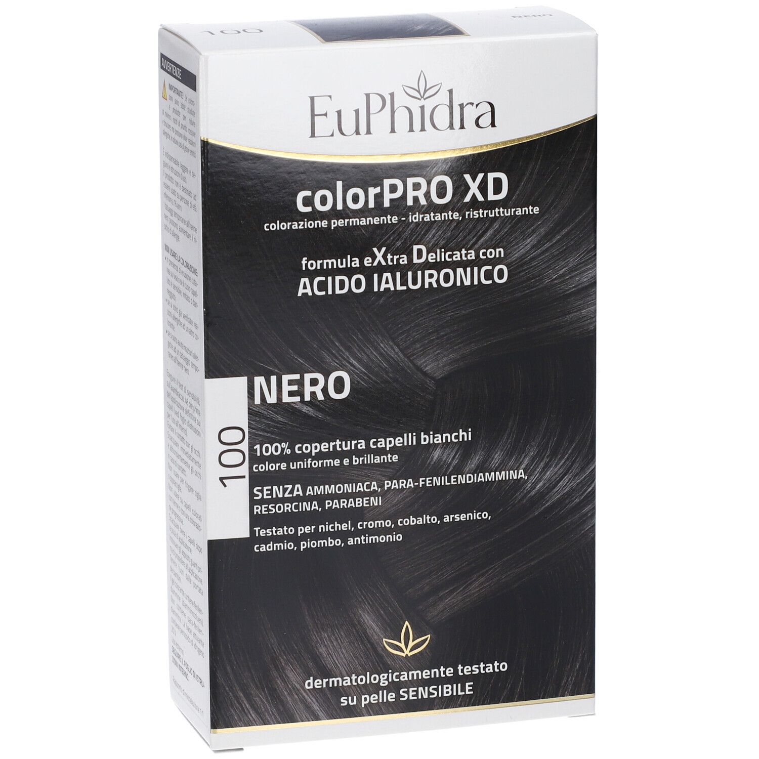 Vorderansicht der Haarfarbenverpackung Euphidra Colorpro XD 100. Produktname, Farbe Schwarz, Logo und Text.