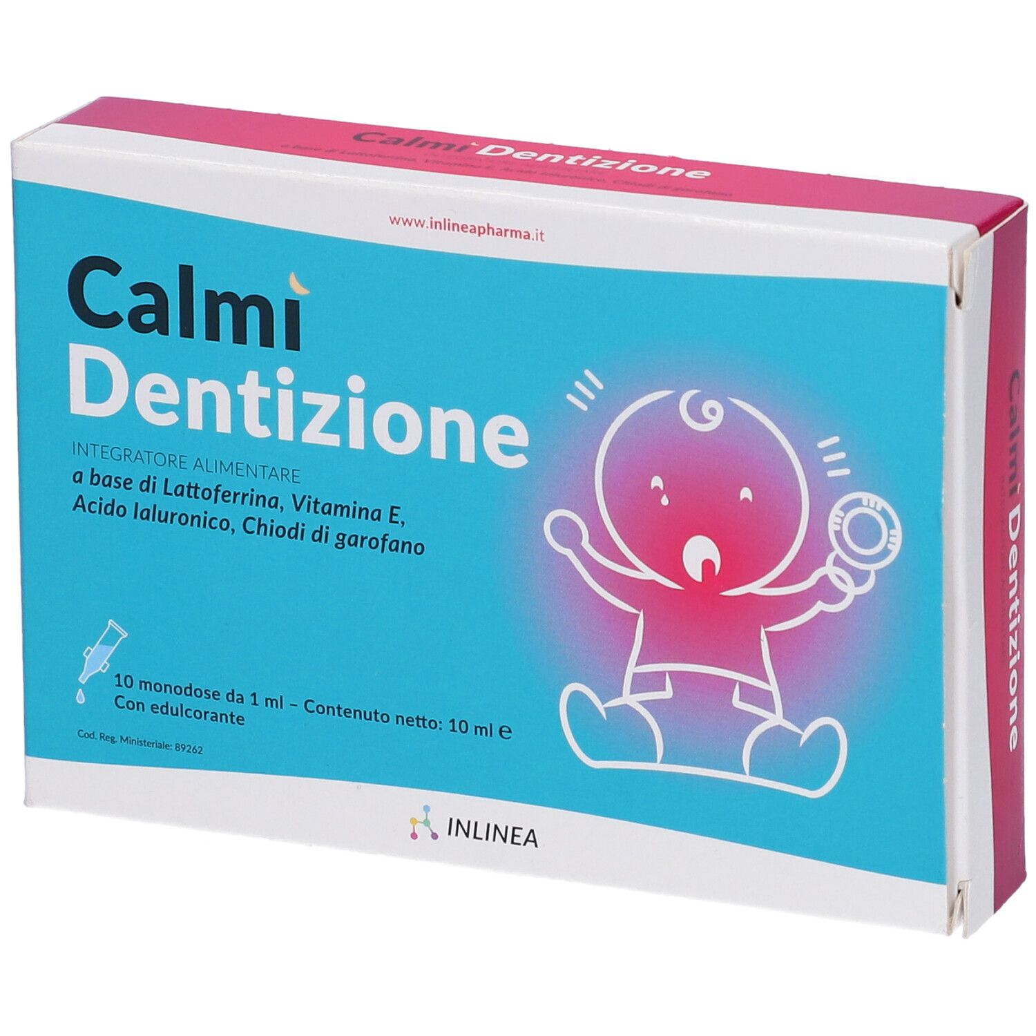 Scatola con nome del prodotto e illustrazione di un bambino. Contiene 10 monodose. Combinazione di colori blu e rosa.