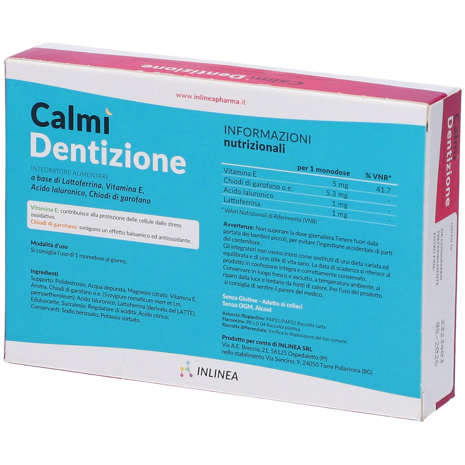 Retro della confezione del prodotto con informazioni nutrizionali. Testo in italiano. Combinazione di colori rosa e blu.