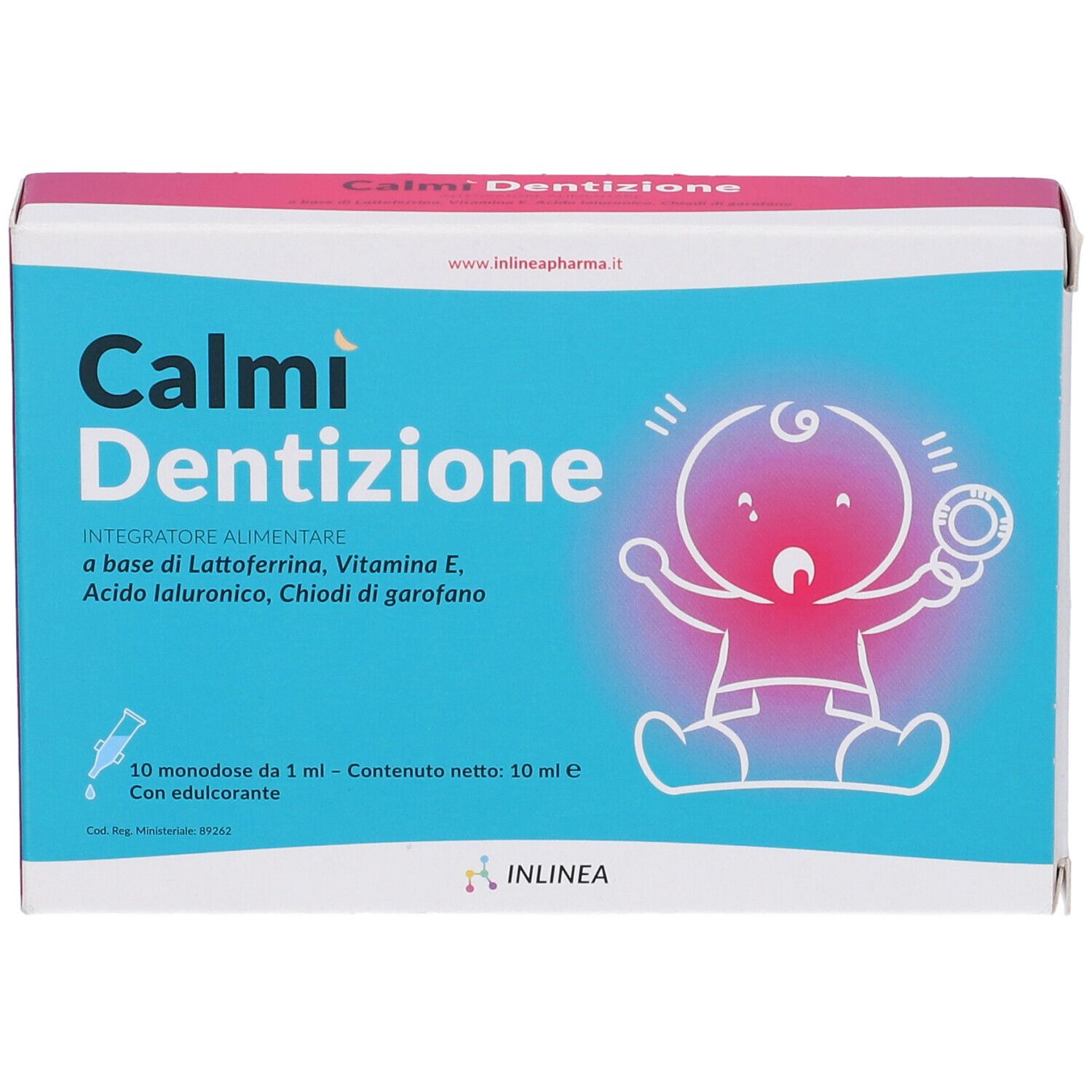 Confezione del prodotto con nome e illustrazione di un bambino. Contiene 10 monodose. Combinazione di colori blu e rosa.