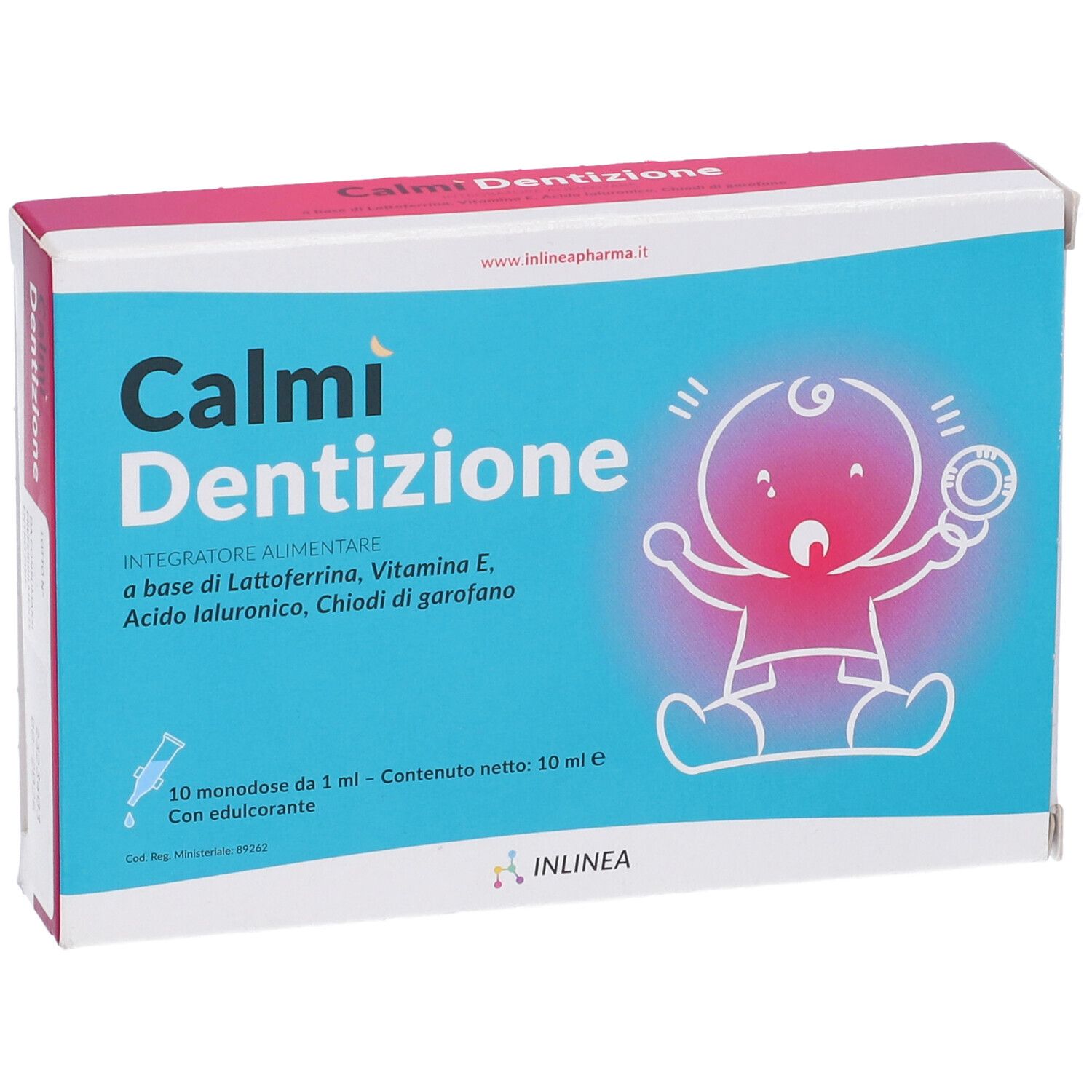Confezione del prodotto con nome e illustrazione di un bambino. Contiene 10 monodose. Combinazione di colori blu e rosa.