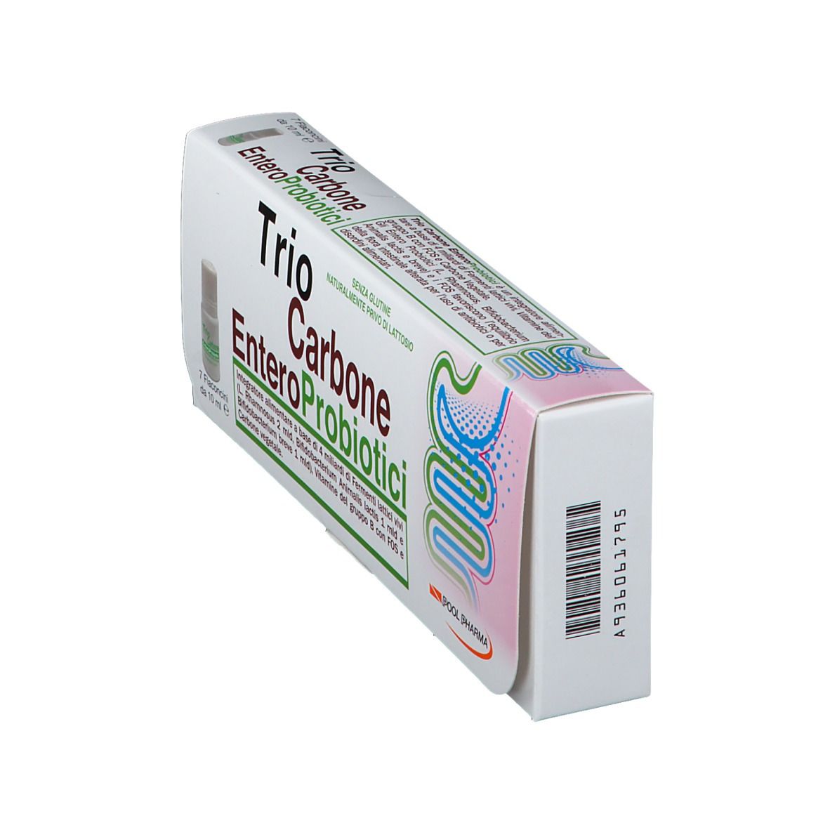 Vue en biais de la boîte Trio Carbone EnteroProbiotici. Texte : Trio Carbone EnteroProbiotici.