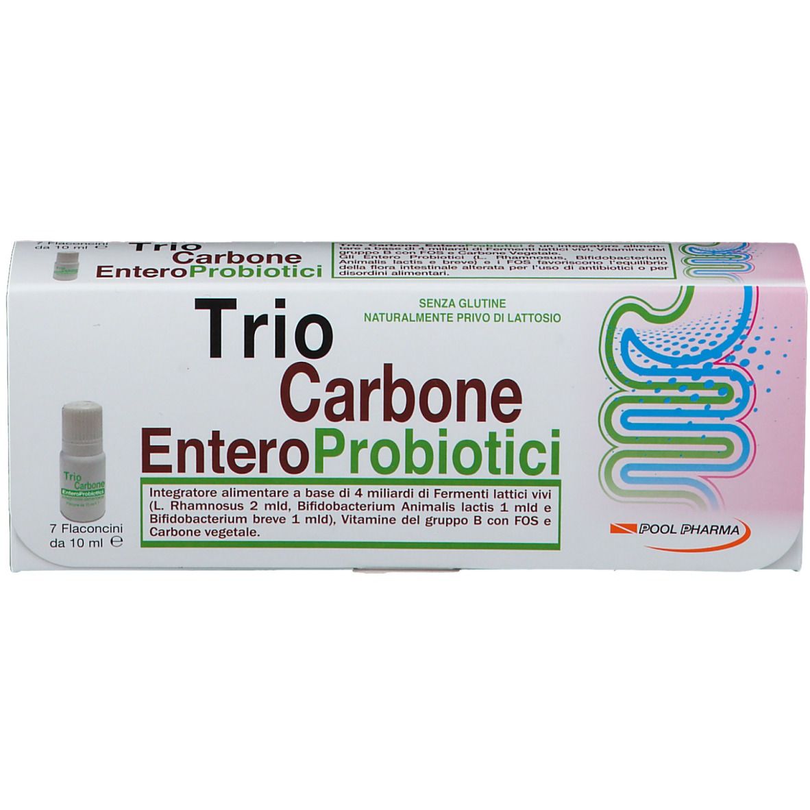 Boîte de Trio Carbone EnteroProbiotici. Contient 7 flacons. Inscription : Trio Carbone EnteroProbiotici.