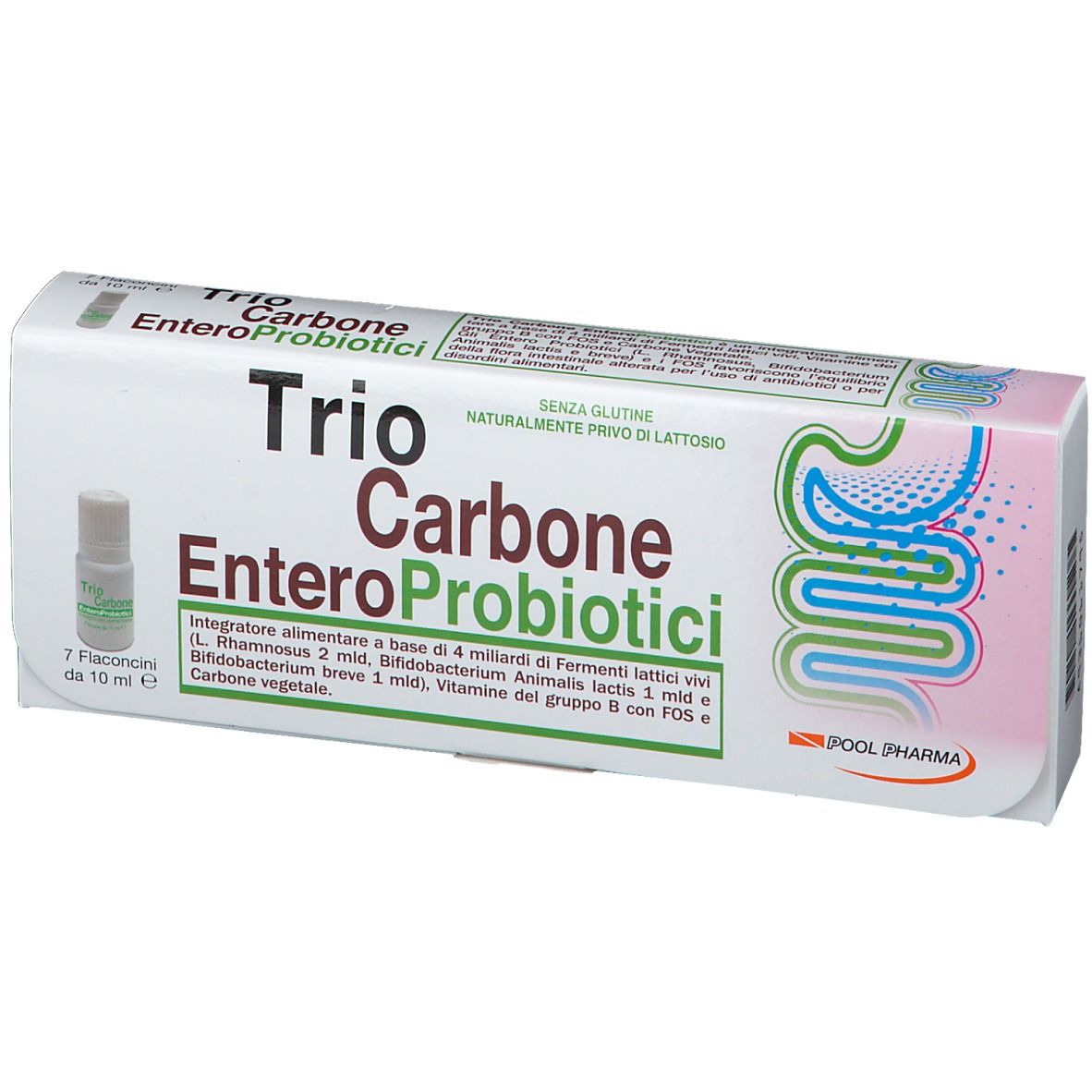Boîte de Trio Carbone EnteroProbiotici. Contient 7 flacons. Inscription : Trio Carbone EnteroProbiotici.