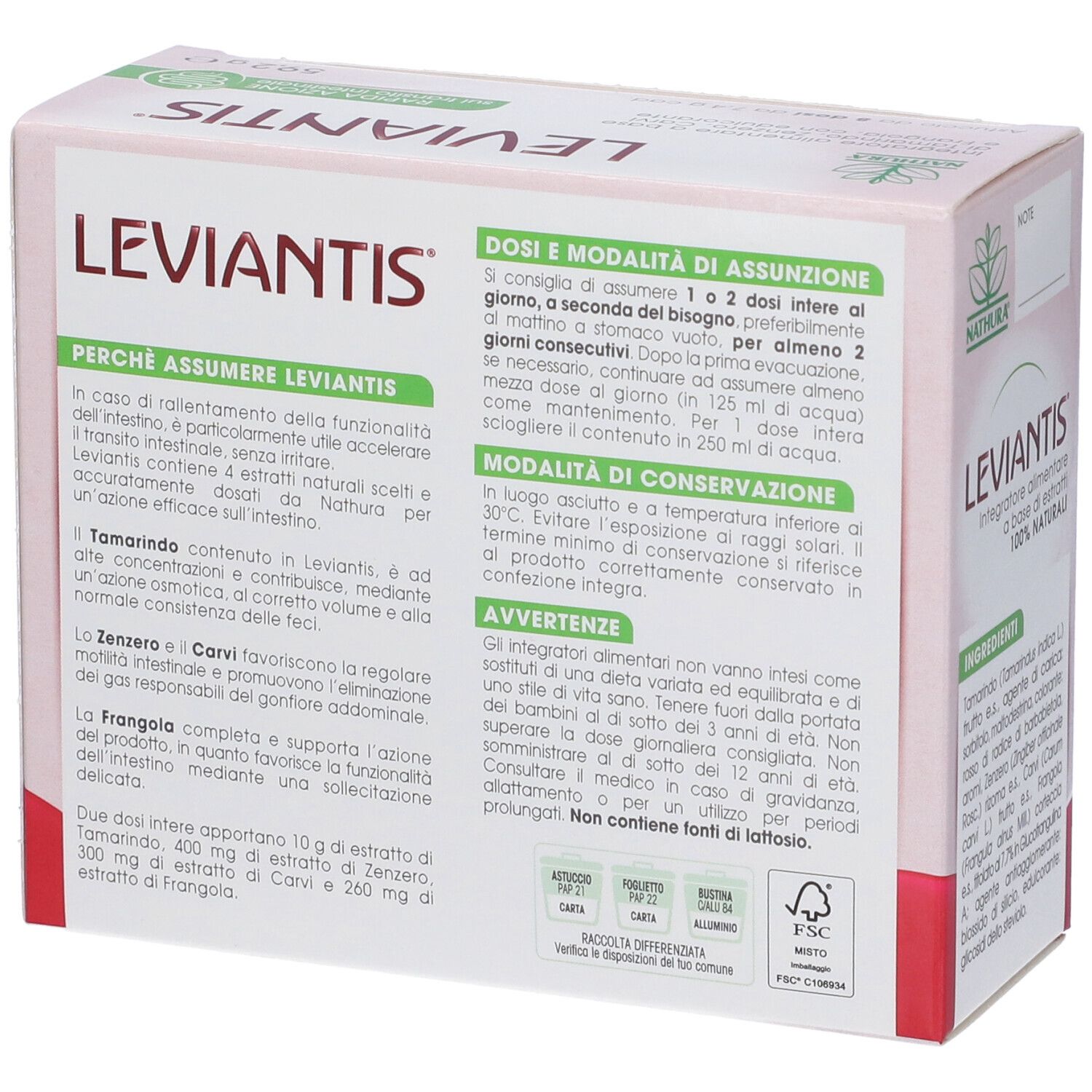 Retro confezione LEVIANTIS®. Istruzioni per l'uso. Marchio NATHURA. Non contiene lattosio. Certificato FSC.