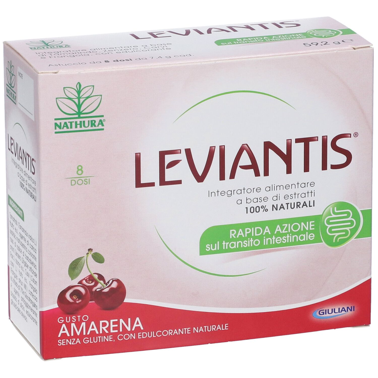 Confezione di LEVIANTIS®. Gusto amarena. Contiene 8 dosi. Marchio NATHURA. Senza glutine, con dolcificante naturale.