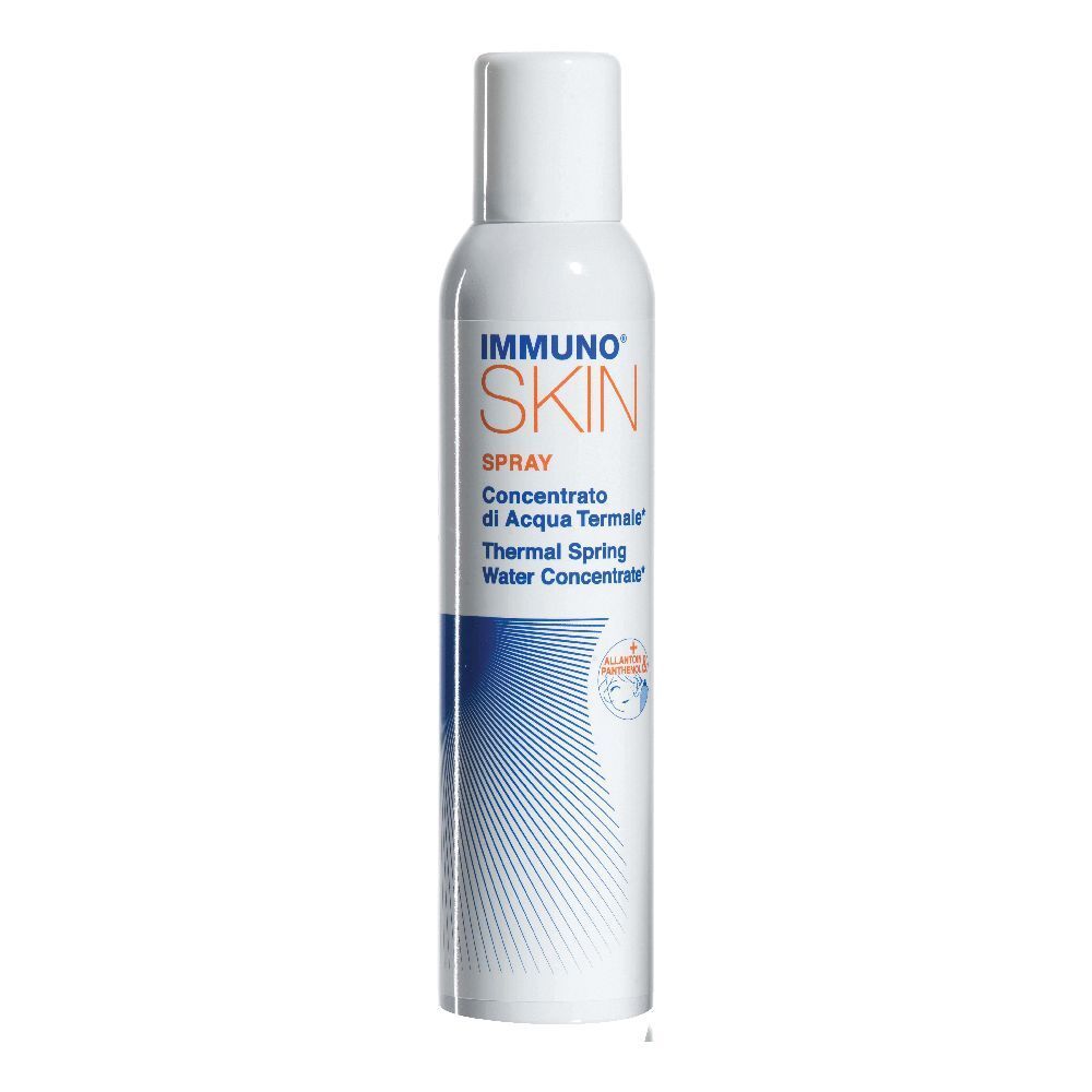 Spray bianco con stampa blu e arancione. Contiene concentrato di acqua termale.