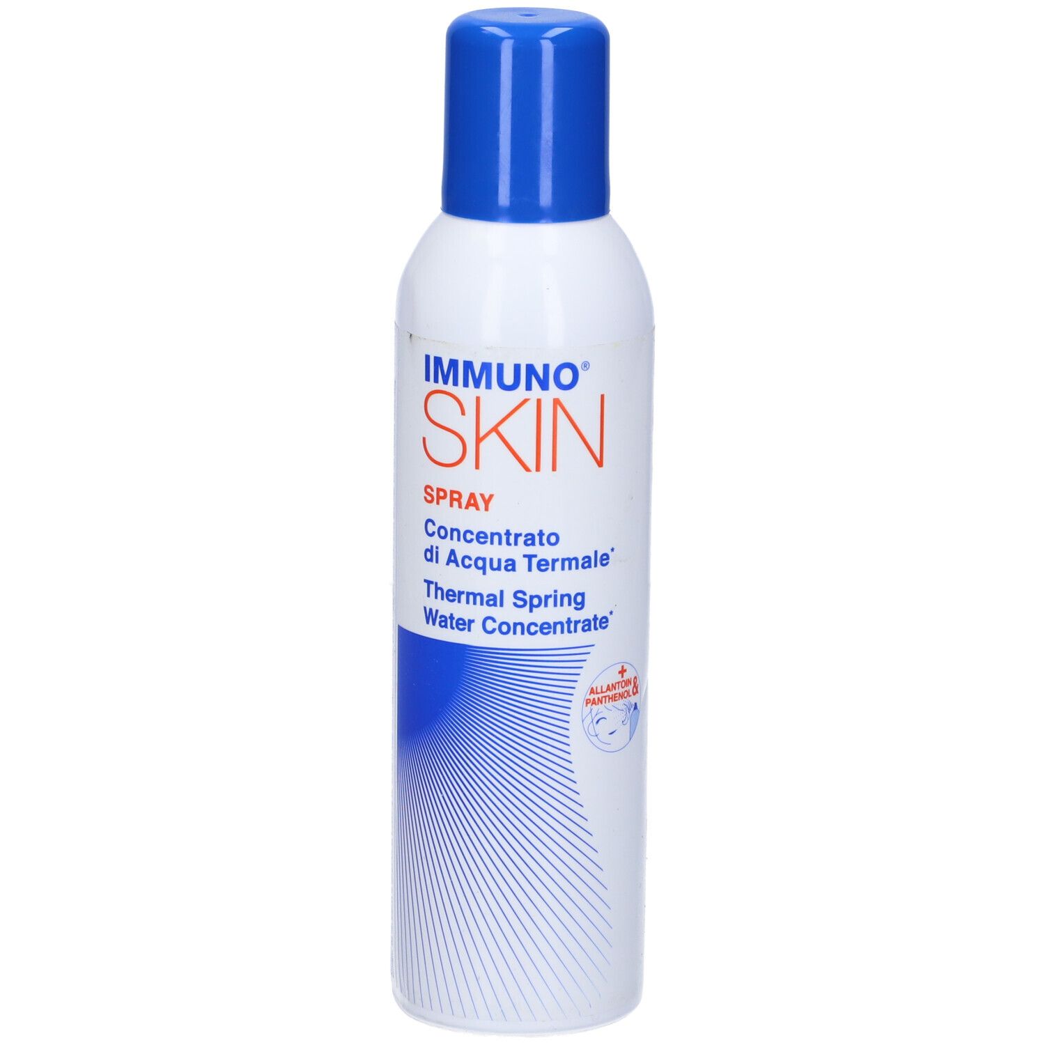 Spray bianco con tappo blu. Contiene concentrato di acqua termale.