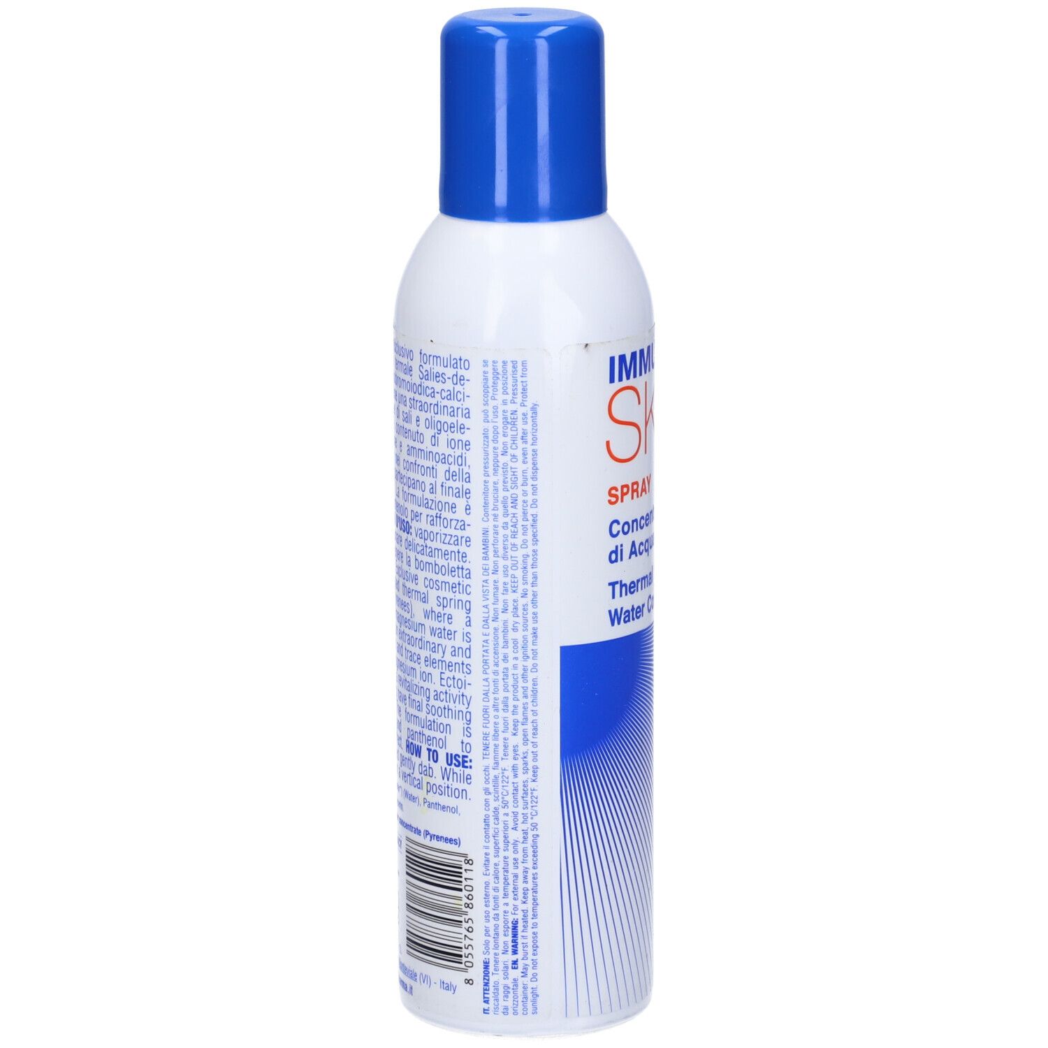 Retro dello spray bianco con tappo blu. Testo in italiano.