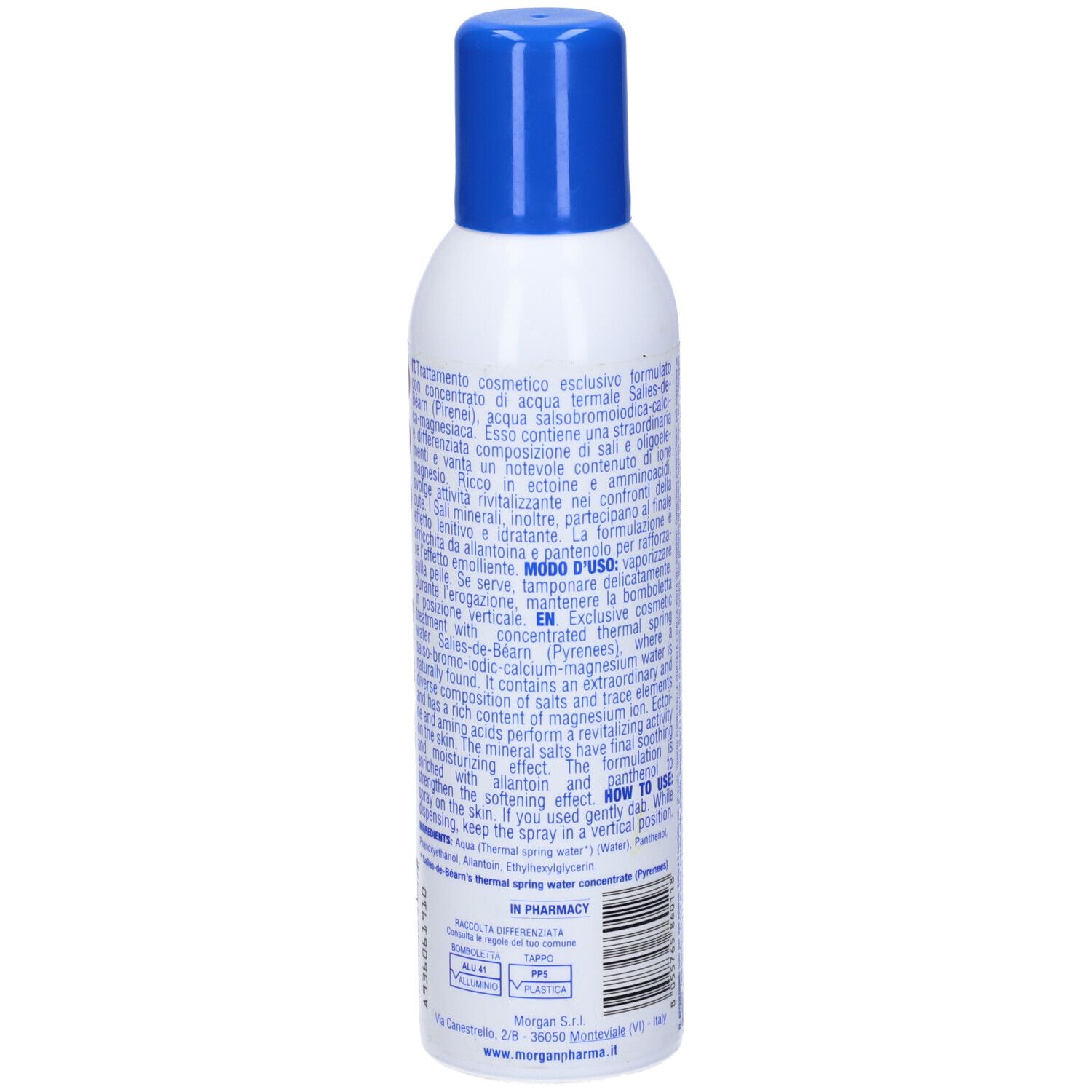 Retro dello spray bianco con tappo blu. Testo in italiano.