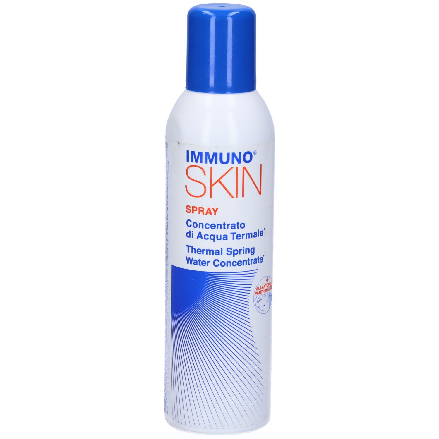 Spray bianco con tappo blu. Contiene concentrato di acqua termale.