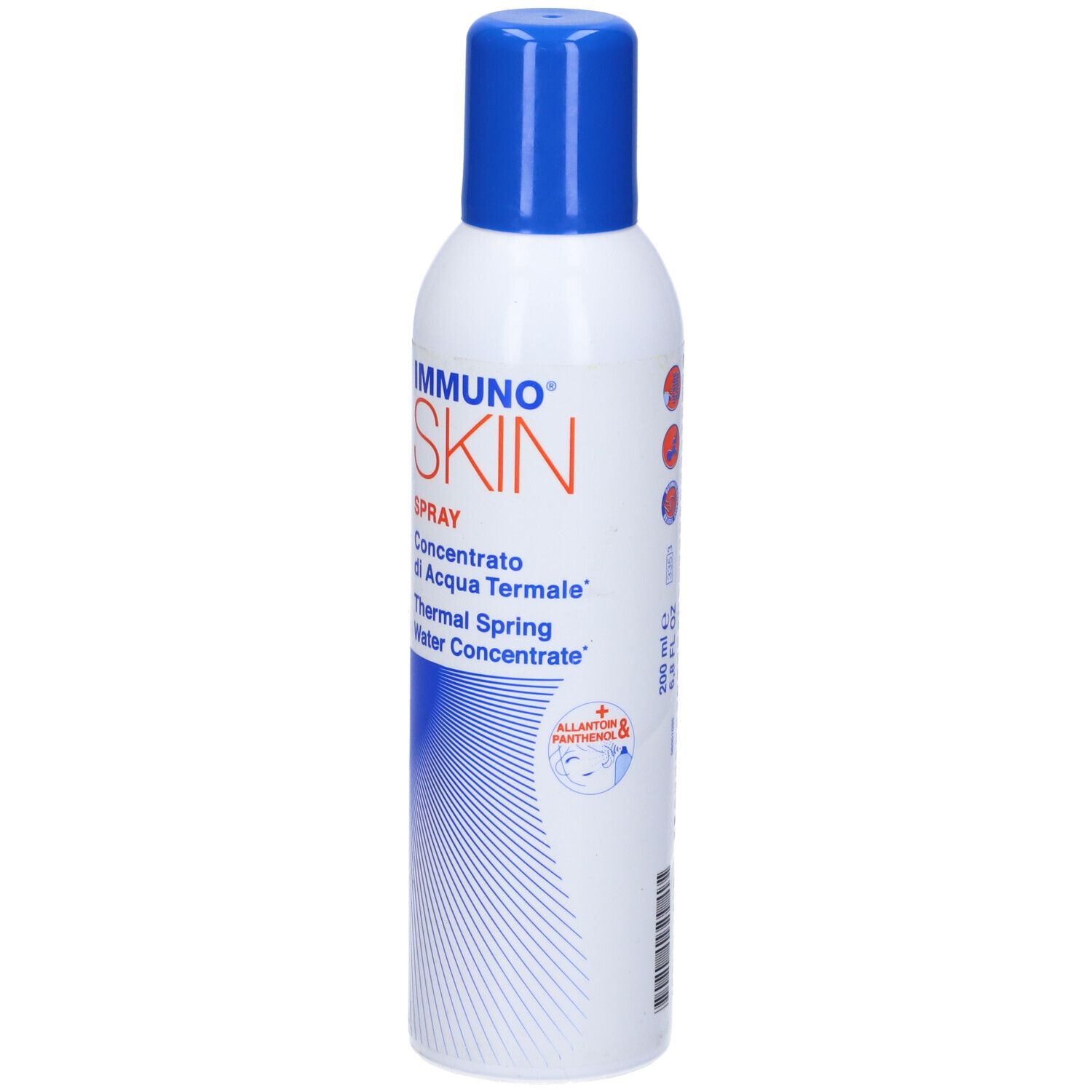 Spray bianco con tappo blu. Contiene concentrato di acqua termale.