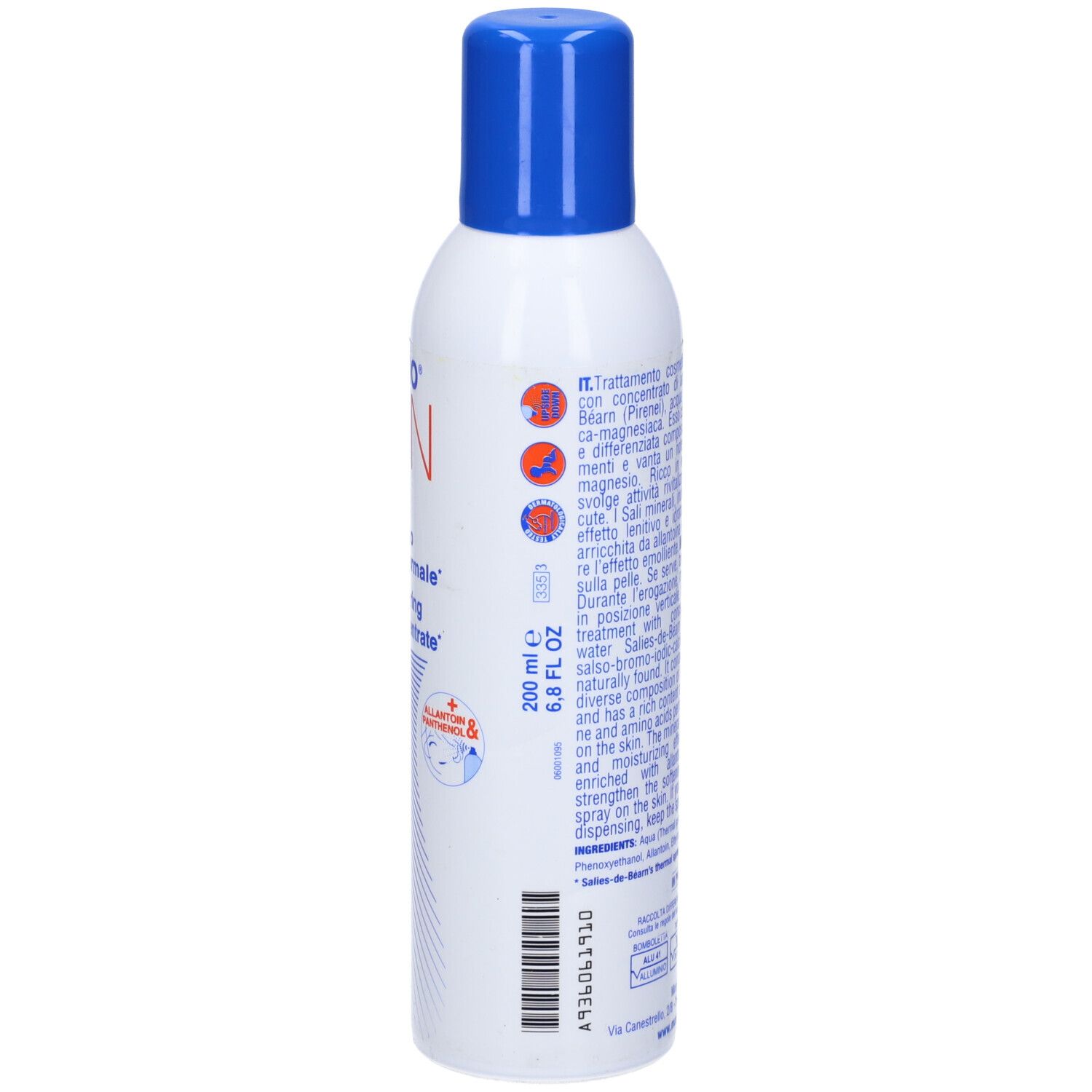 Spray bianco con tappo blu. Contiene concentrato di acqua termale. 200 ml.