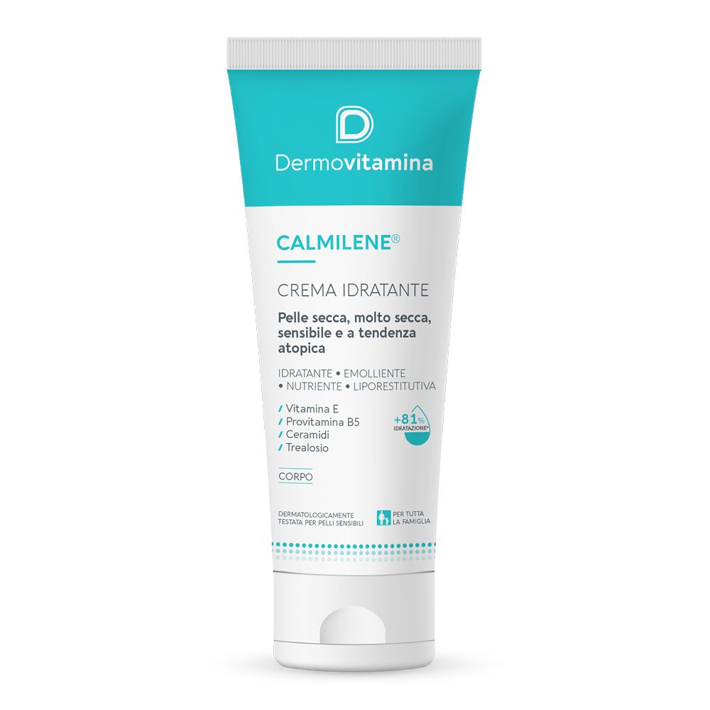 Creme-Tube mit blau-weißem Design. Text: Dermovitamin, CALMILENE®, Creme Idratante. Für trockene, empfindliche Haut. Enthält Vitamin E, Ceramide.
