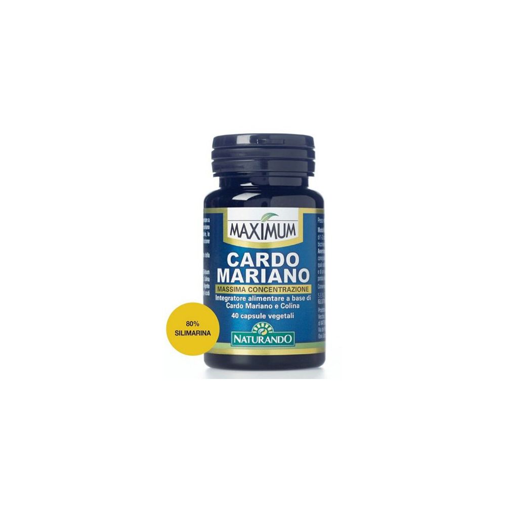 Flacone blu scuro con etichetta gialla. Scritta: MAXIMUM Cardo Mariano, 40 capsule. Logo Naturando.