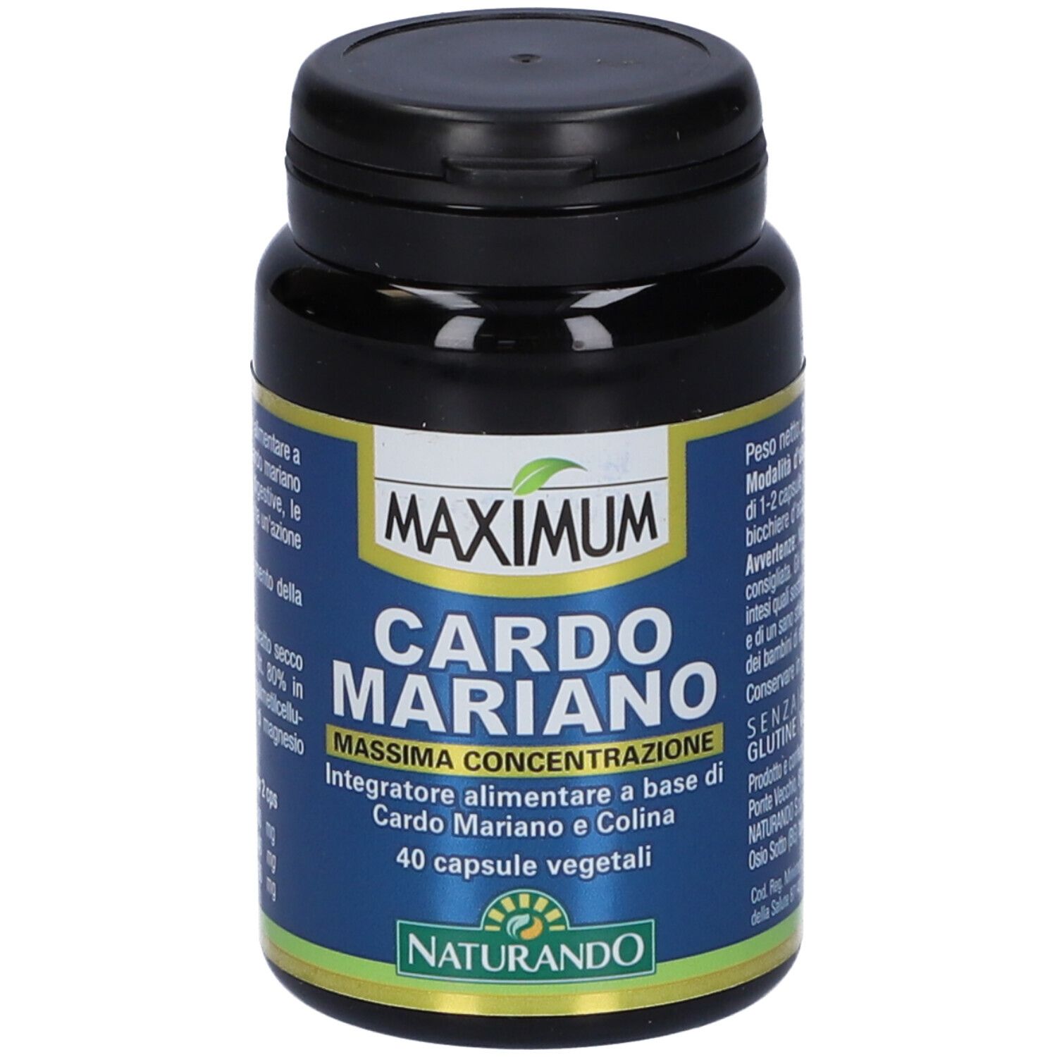 Flacone di capsule blu scuro con scritta: MAXIMUM Cardo Mariano, 40 capsule. Logo Naturando. Coperchio nero.
