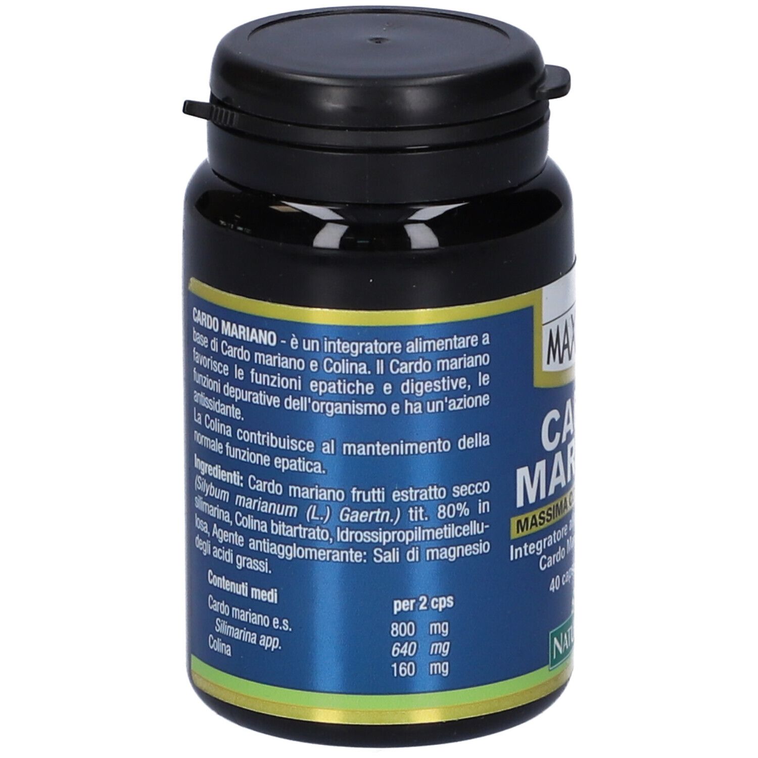 Flacone di capsule blu scuro. Retro con testo e ingredienti. Coperchio nero. Logo Naturando.