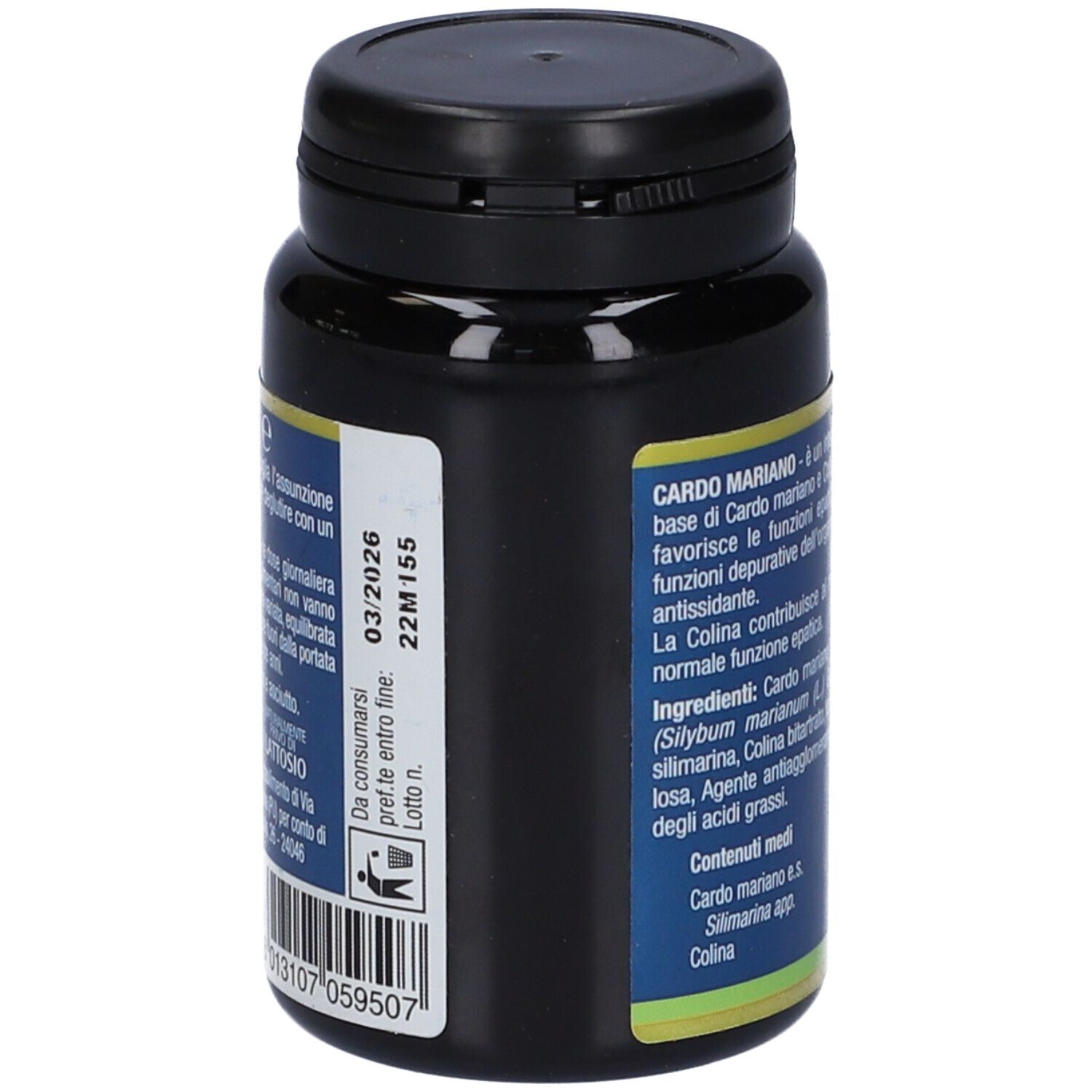 Flacone di capsule blu scuro. Retro con testo, numero di lotto e data di scadenza. Coperchio nero. Logo Naturando.