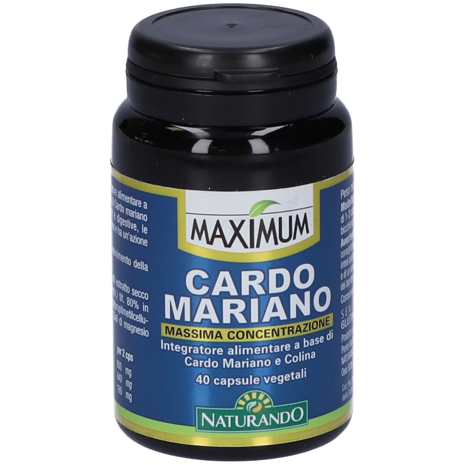 Flacone di capsule blu scuro con scritta: MAXIMUM Cardo Mariano, 40 capsule. Logo Naturando. Coperchio nero.