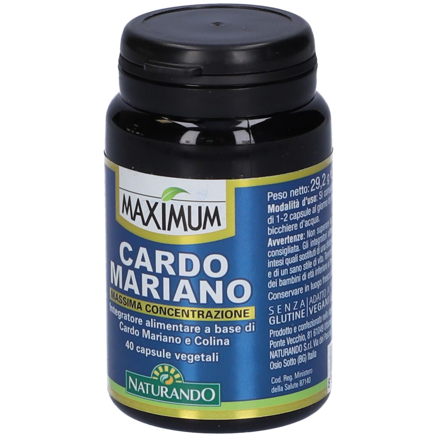 Flacone di capsule blu scuro con scritta: MAXIMUM Cardo Mariano, 40 capsule. Logo Naturando. Coperchio nero.