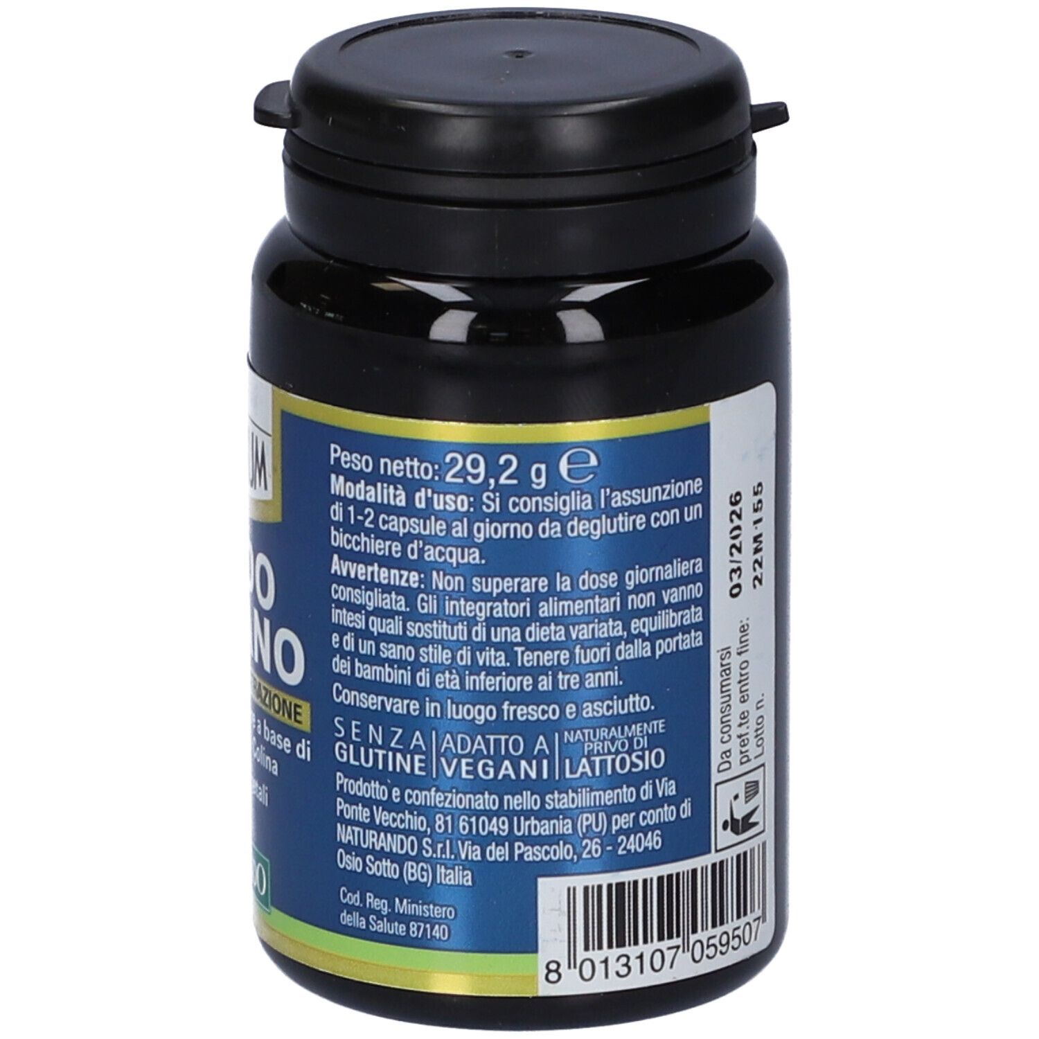 Flacone di capsule blu scuro. Retro con testo, numero di lotto e data di scadenza. Coperchio nero. Logo Naturando.